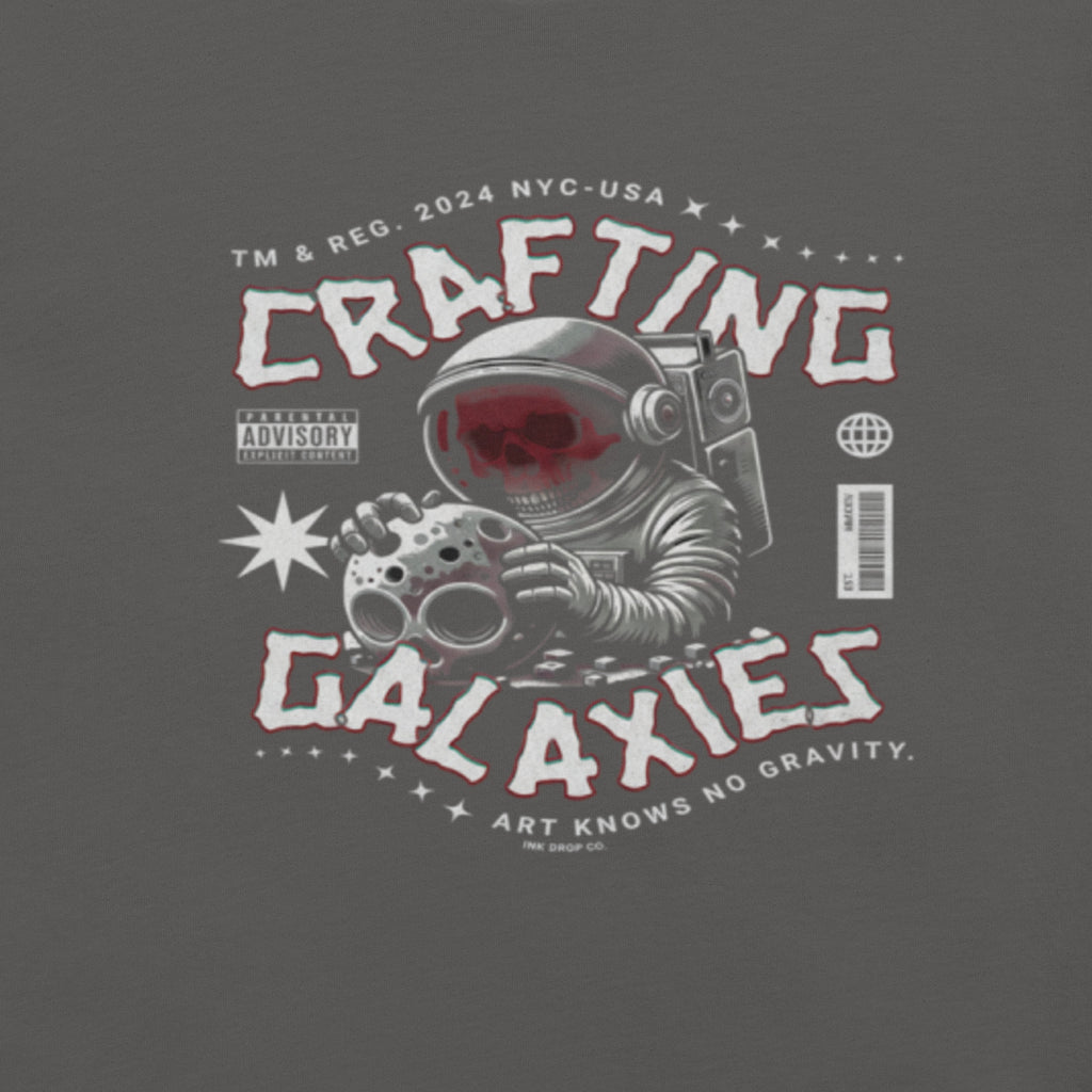 Asphalt grey graphic T-shirt with astronaut and galaxy logo print