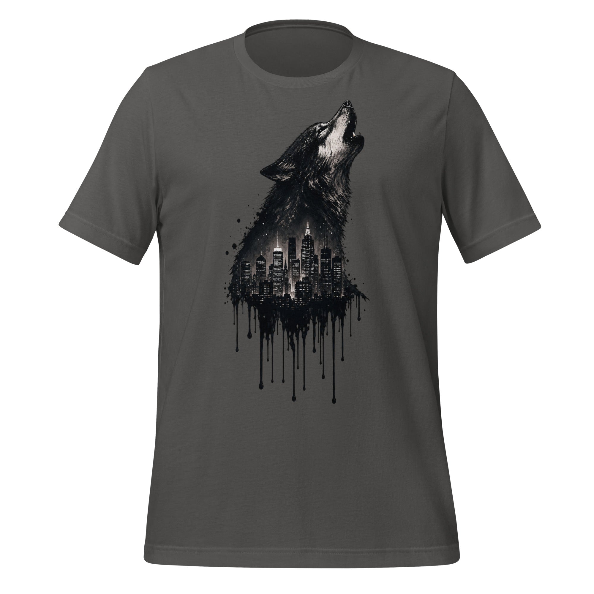 Men's asphalt graphic t-shirt with wolf howling over city skyline and dripping light design.