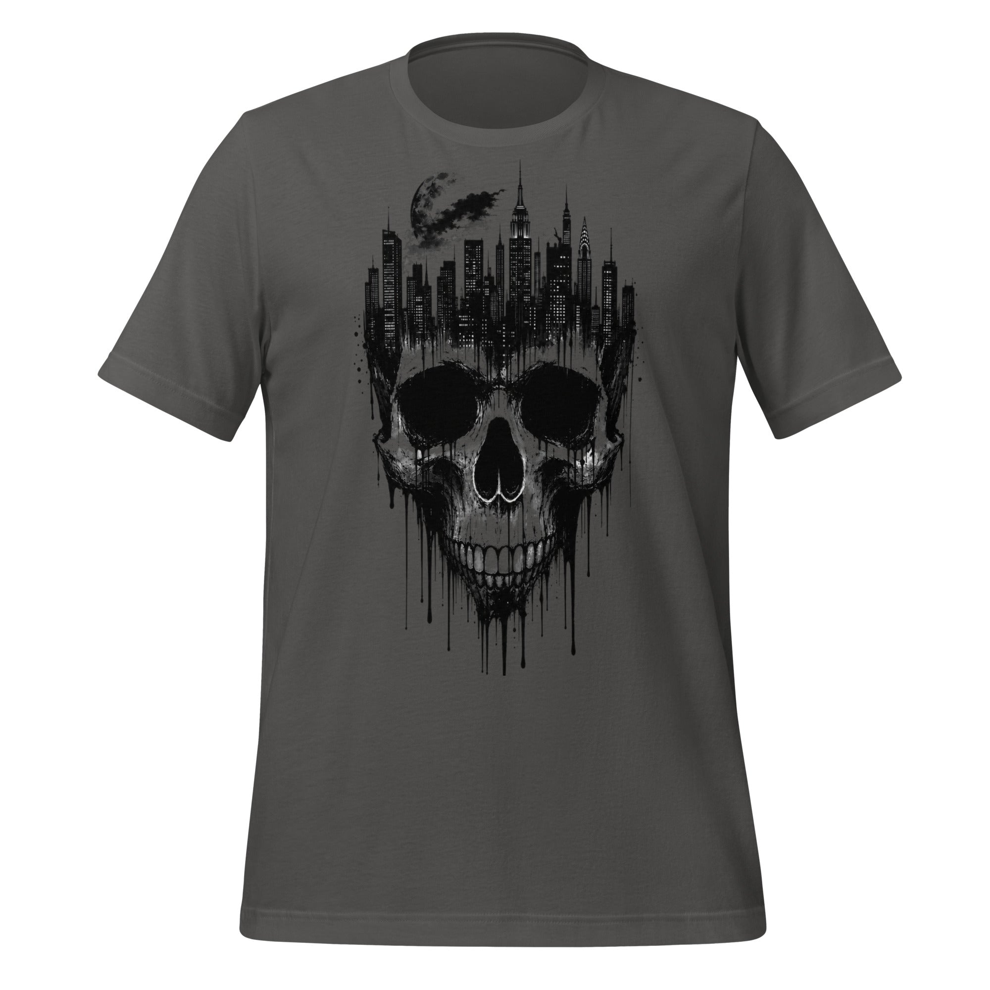 Grey men's graphic T-shirt with skull and city skyline front print