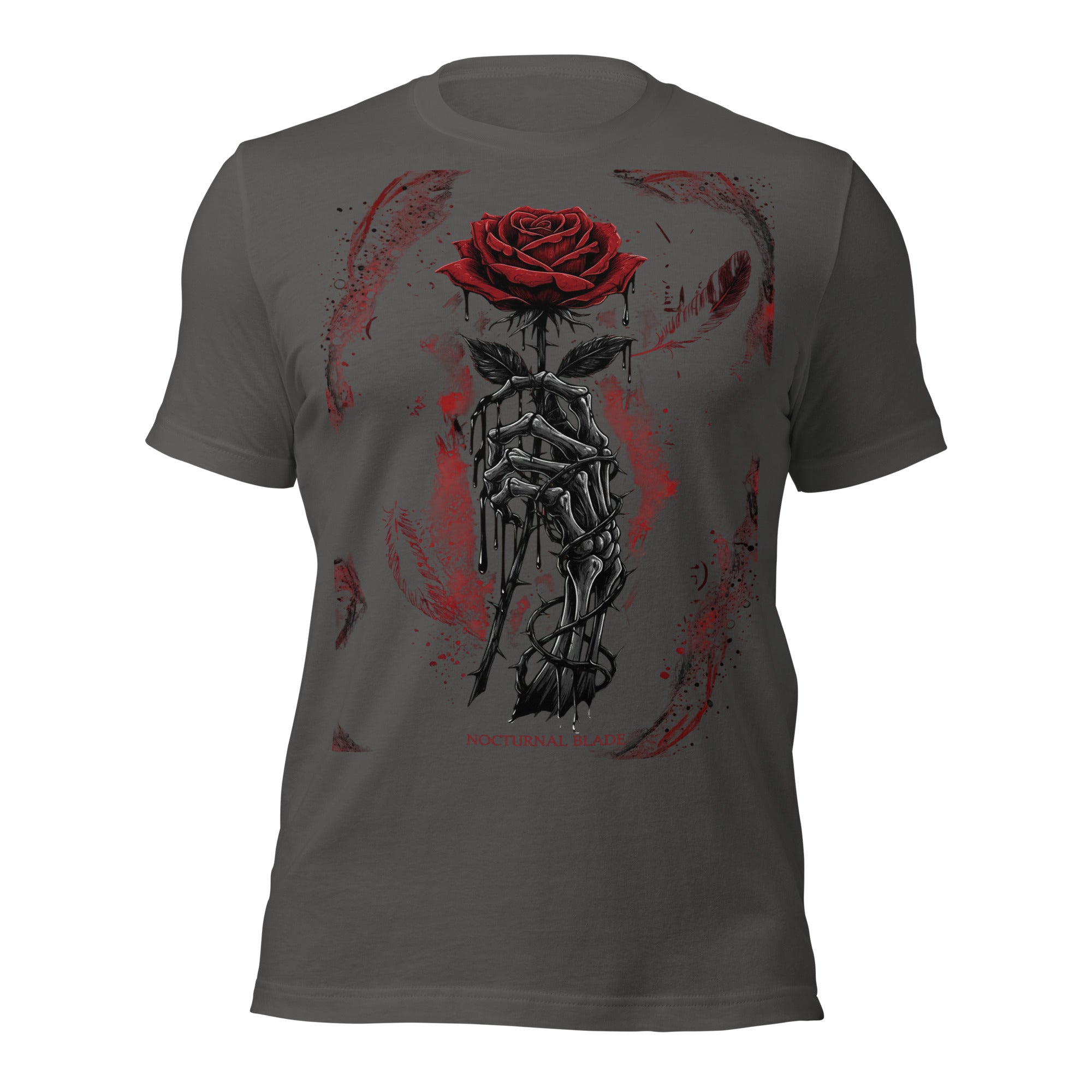 Military green women’s graphic T-shirt, front print with red rose and armored skeleton