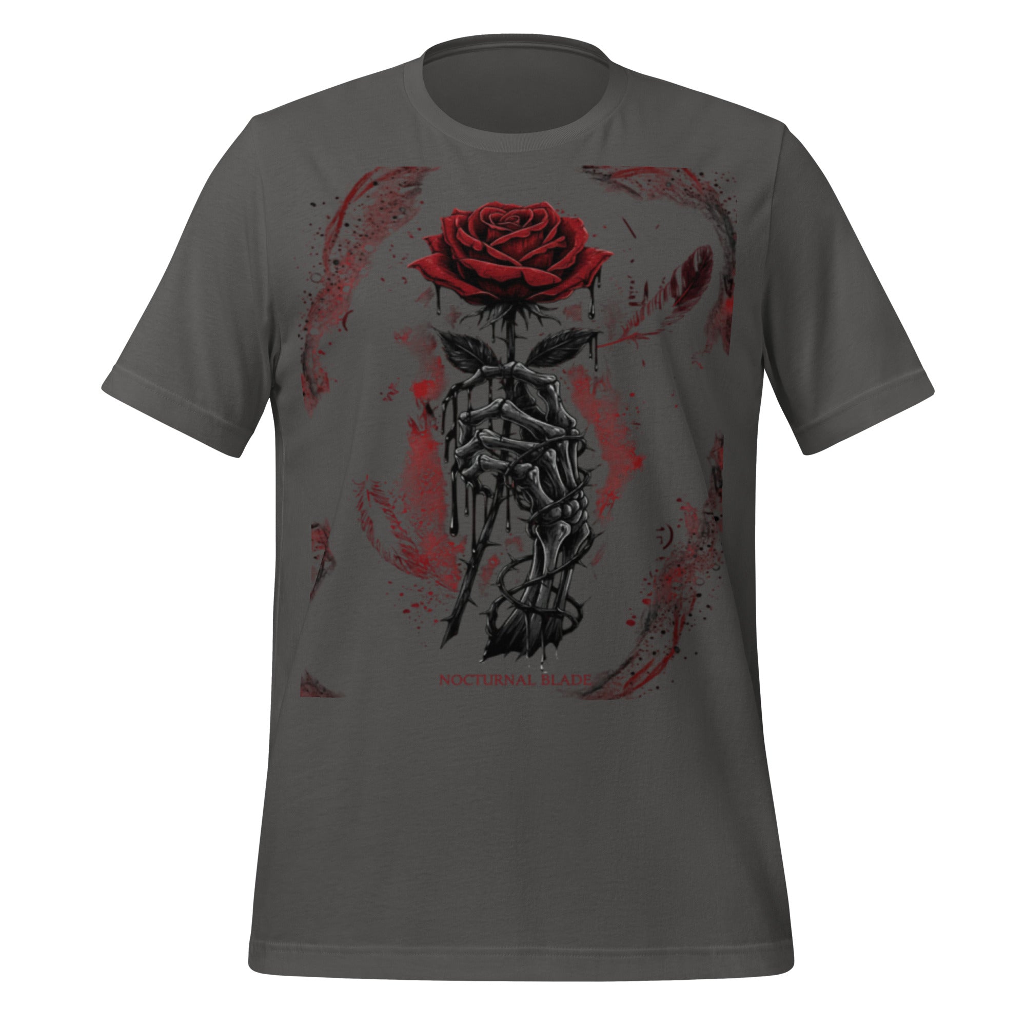 Unisex graphic T-shirt in asphalt grey with red rose and blade figure print, crew neck