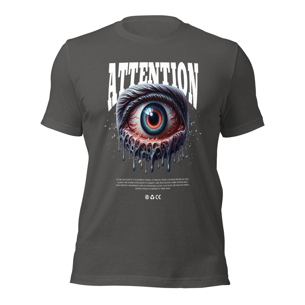Unisex graphic T-shirt, dark gray, front eye graphic with drips and ATTENTION text