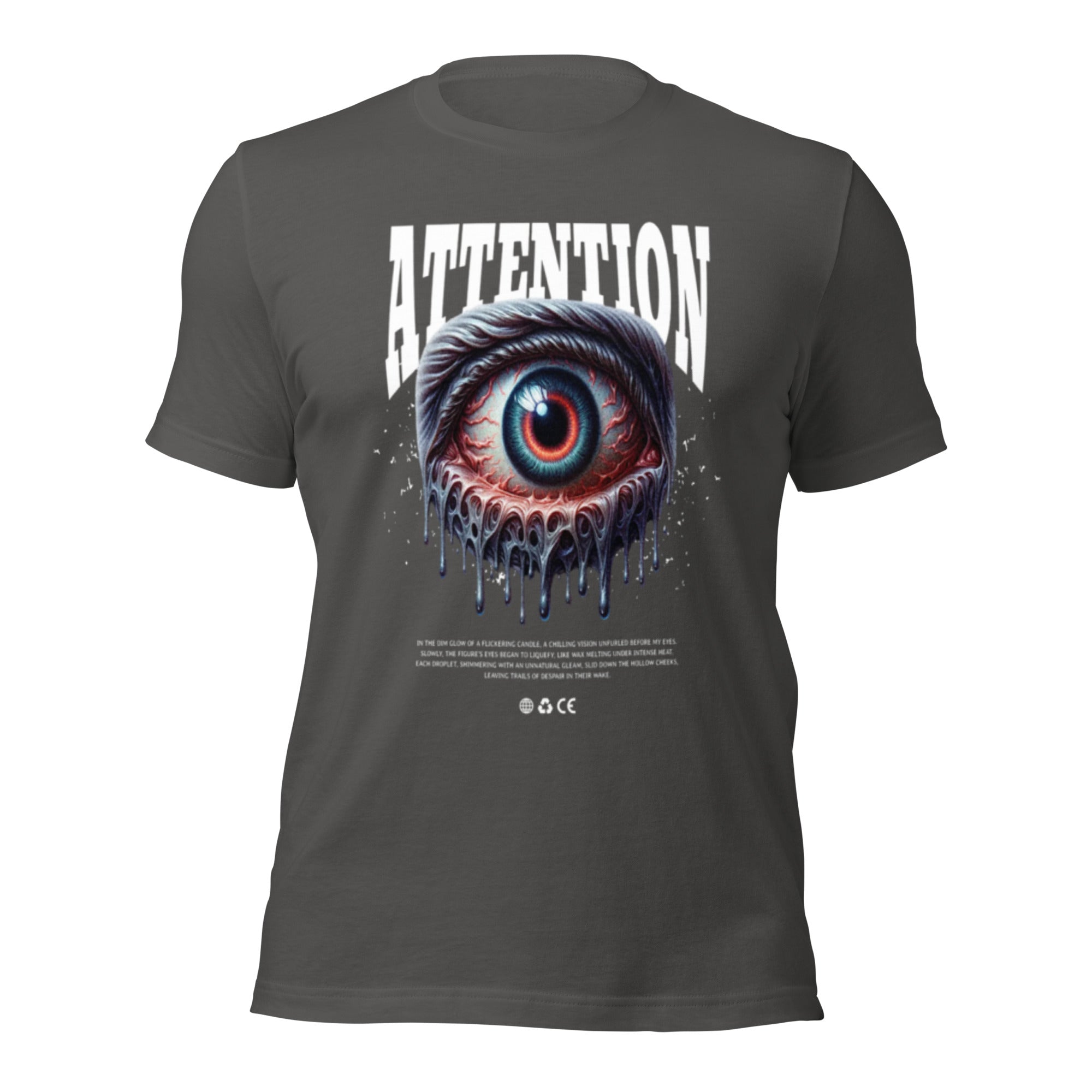 Women’s graphic t-shirt in dark grey, crew neck, short sleeves, front eye graphic