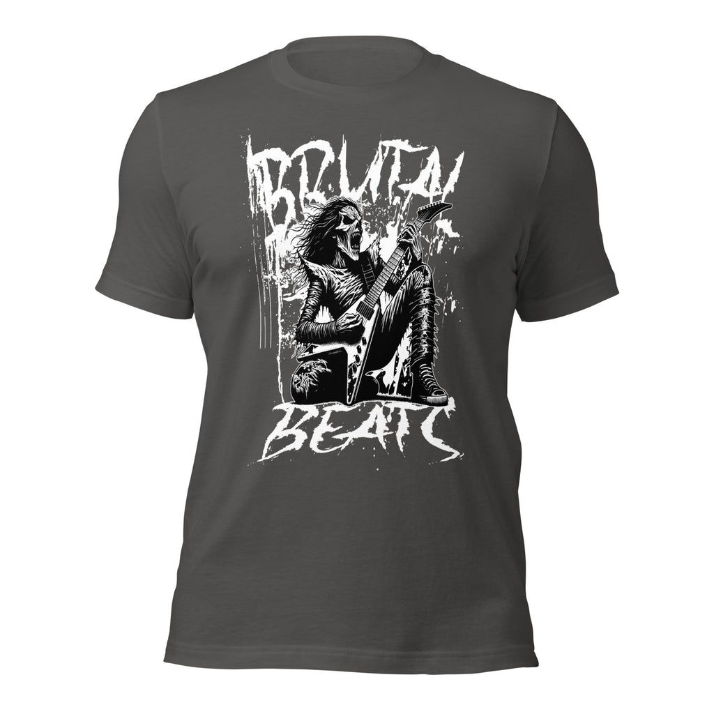 Unisex graphic T-shirt in charcoal with white front guitar artwork, front view
