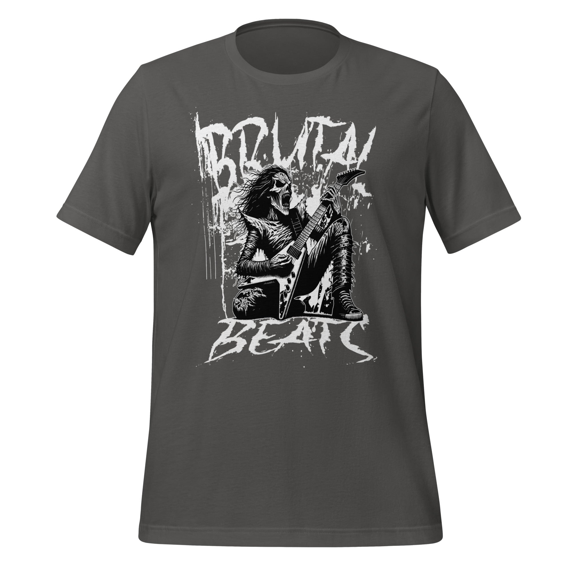 Dark grey unisex graphic t-shirt with front skull-and-guitar print