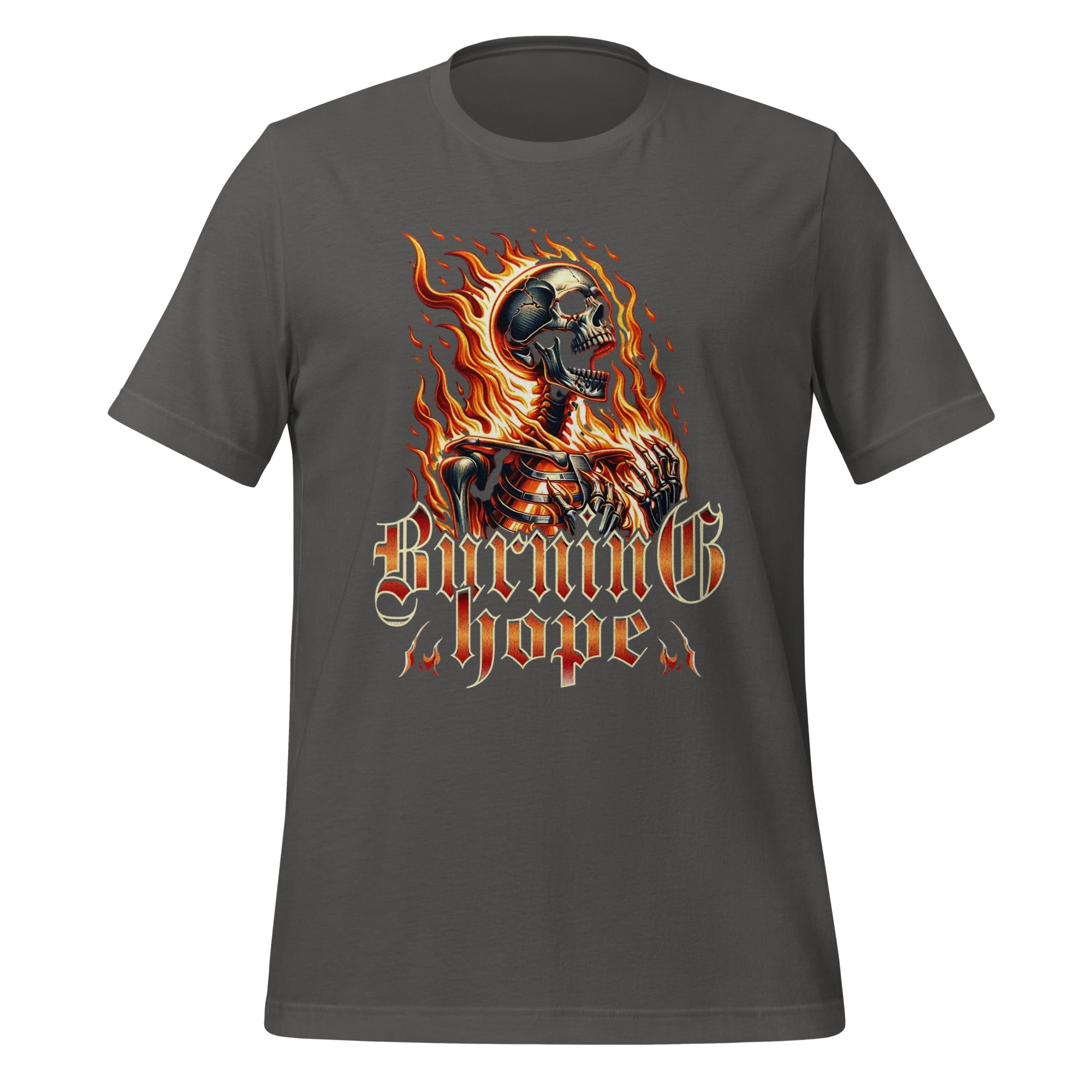 Dark grey heather unisex graphic T-shirt with flaming skull and 'Burning Hope' front print