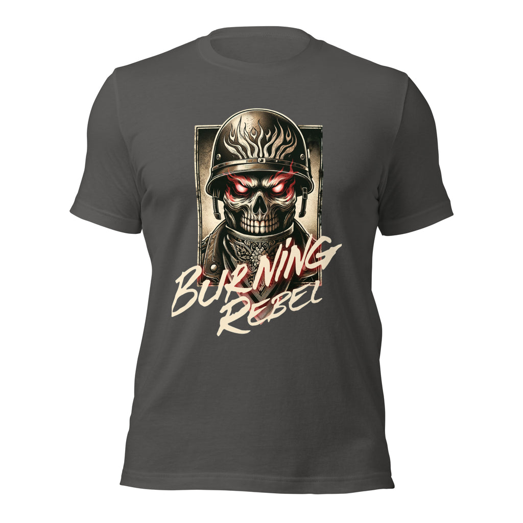 Asphalt unisex graphic T-shirt with skull helmet and 'Burning Rebel' front print