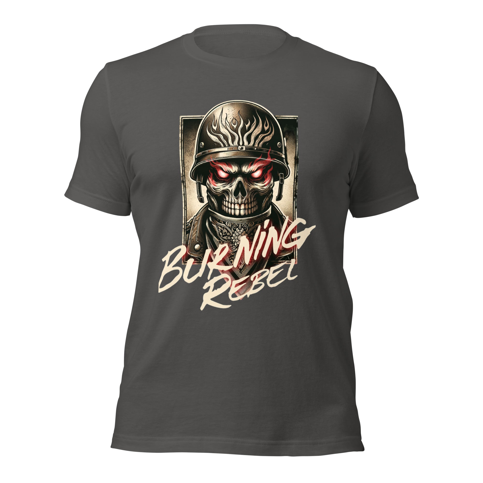 Asphalt unisex graphic T-shirt with skull helmet and 'Burning Rebel' front print
