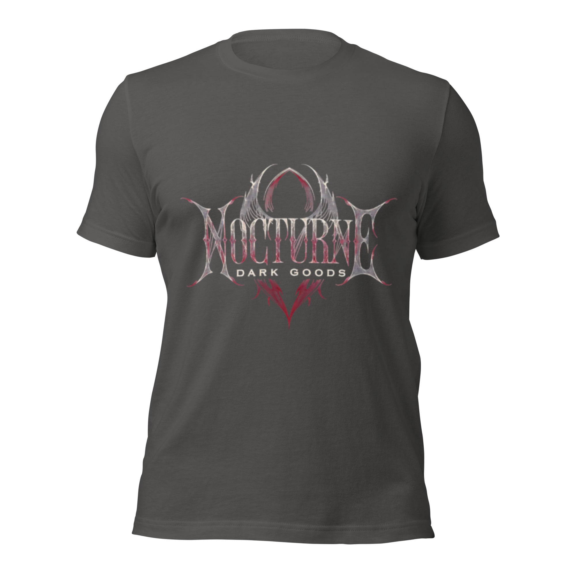 Women’s graphic t-shirt by Ink Drop Co., asphalt gray with Nocturna Dark Goods logo on front