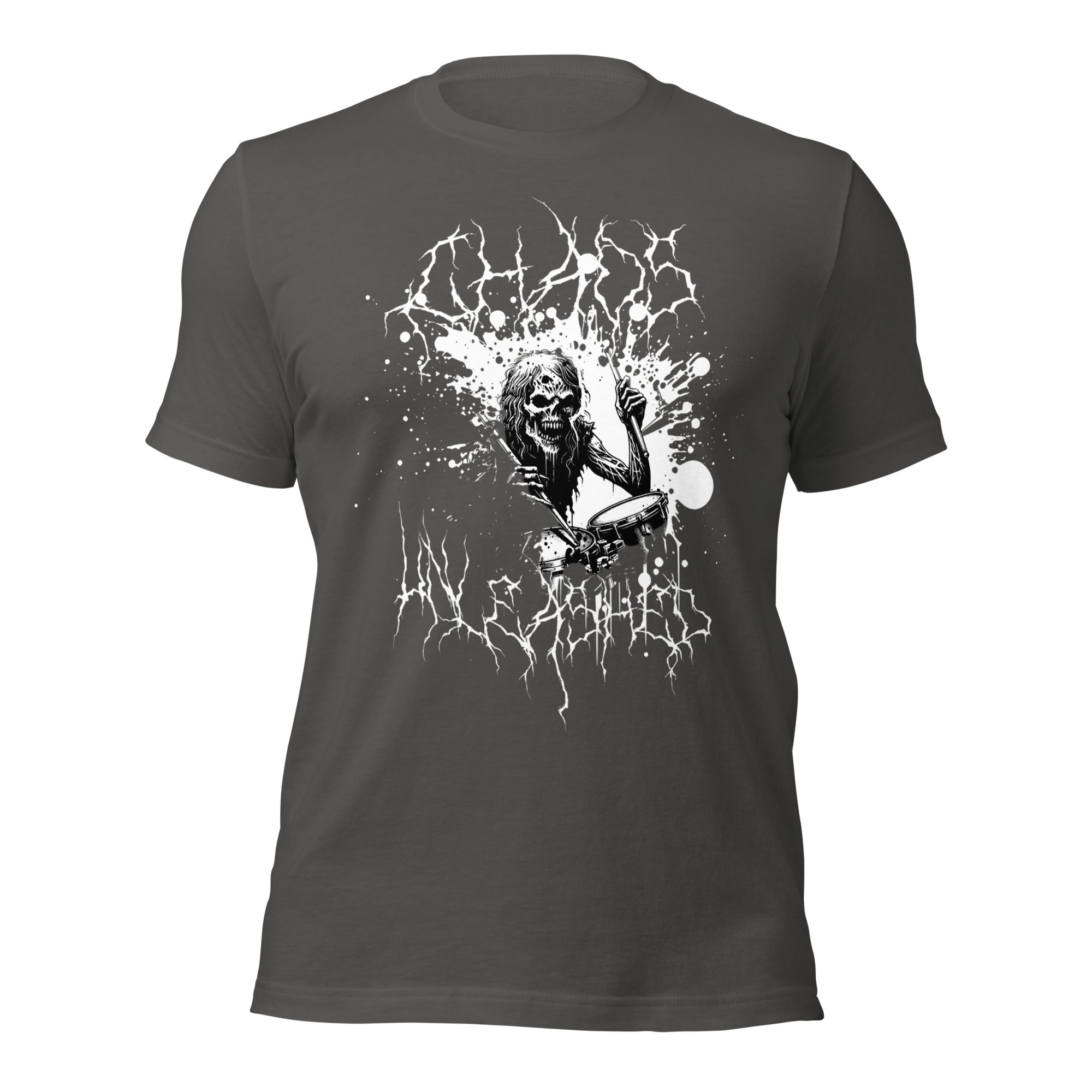 Women’s graphic t-shirt in dark grey, front print with guitarist skeleton and lightning