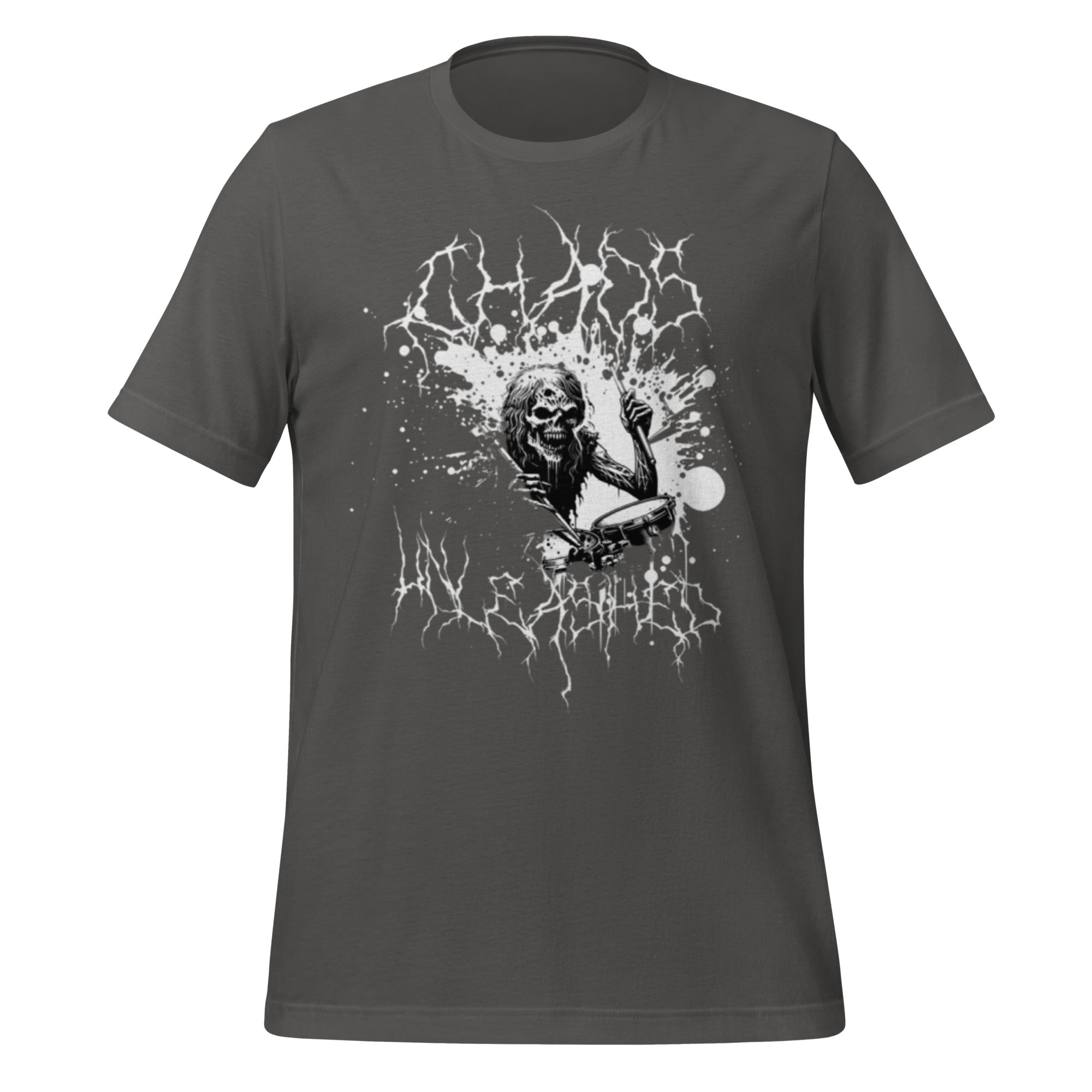 Unisex asphalt grey T-shirt with skull drummer splash graphic on front.