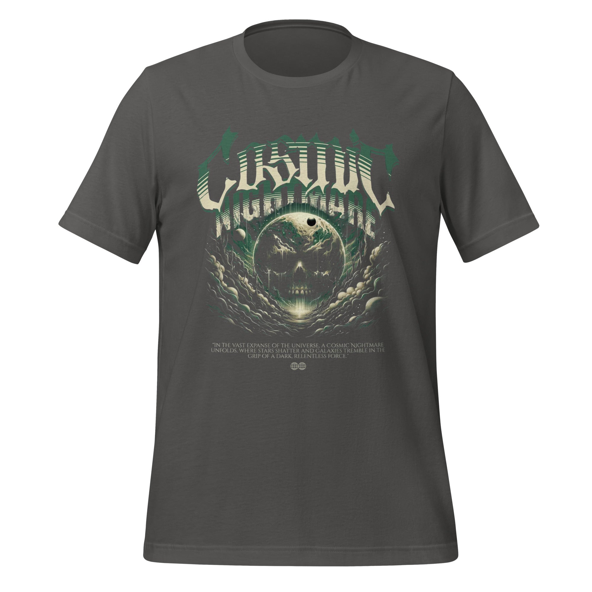 Men's asphalt grey graphic t-shirt with green cosmic skull front print