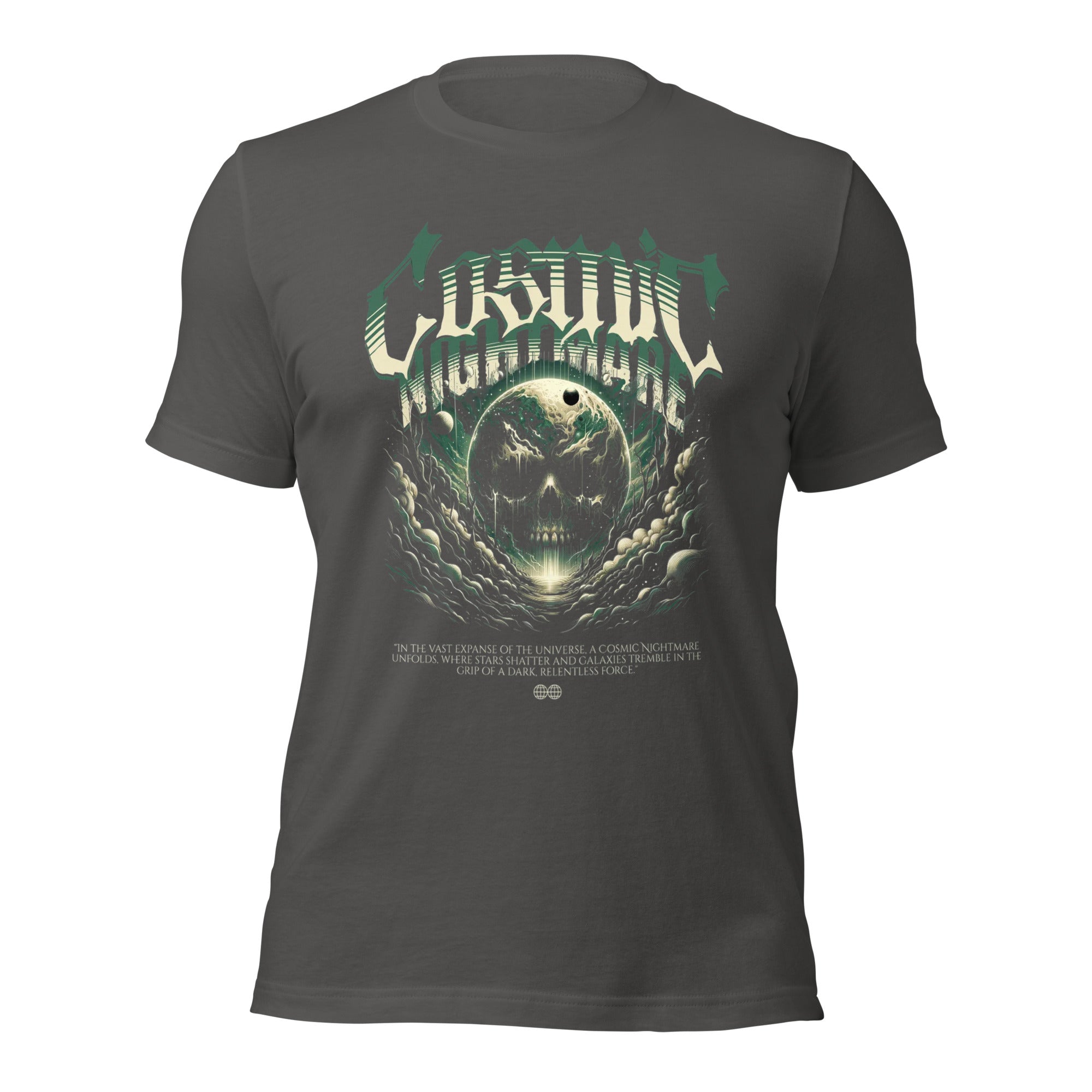 Women's graphic T-shirt, dark grey heather, front skull/planet print in teal and yellow