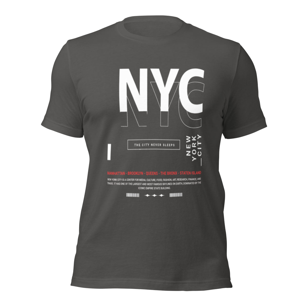 Women's NYC graphic tee, dark gray, front view with large white NYC print