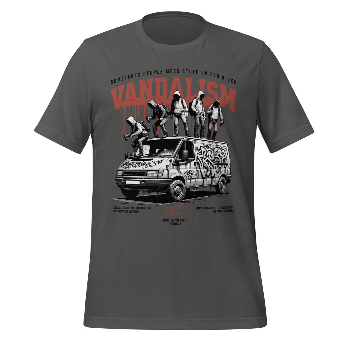 Asphalt gray graphic tee with front illustration and red VANDALISM text
