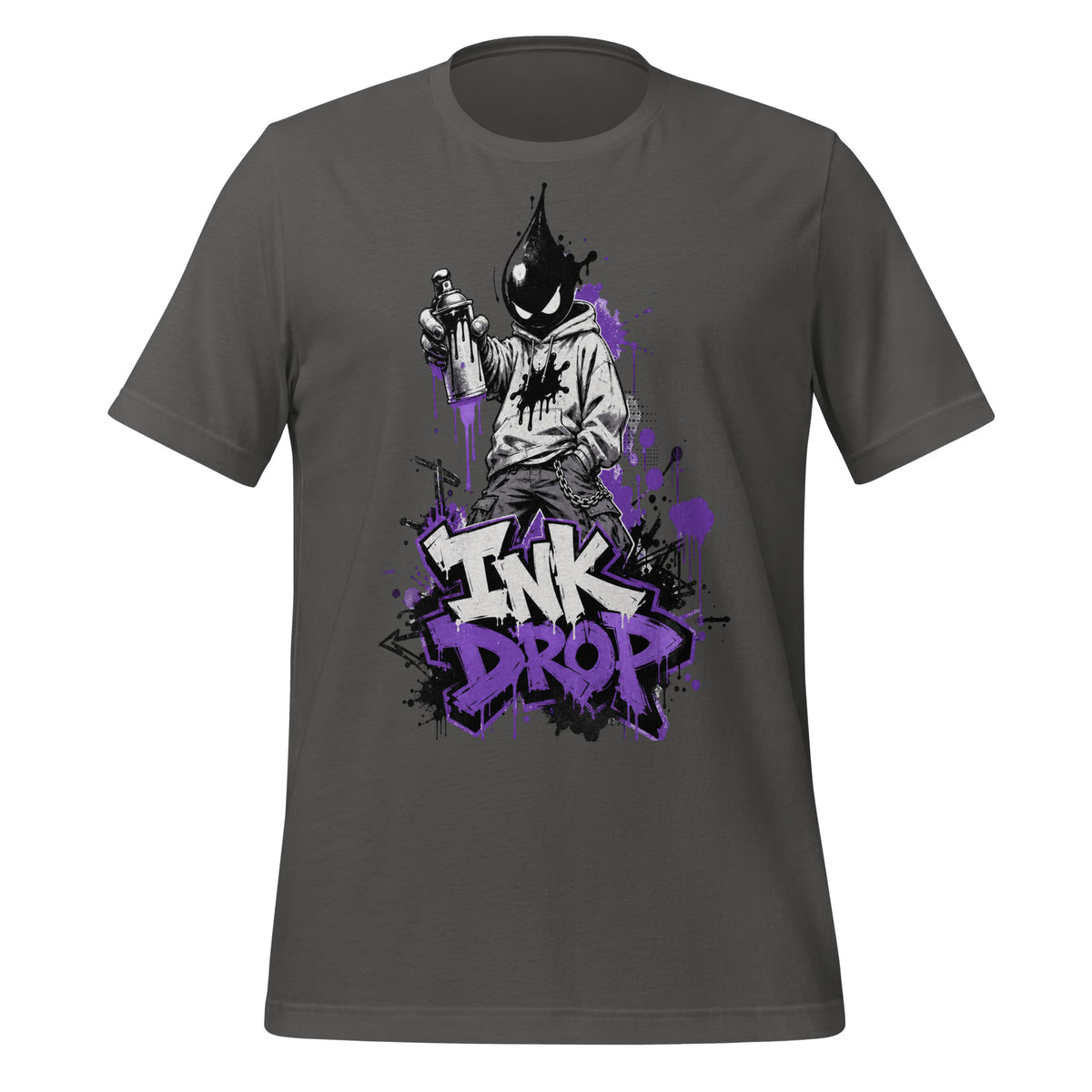 Men's asphalt gray graphic tee with purple “INK DROP” front print