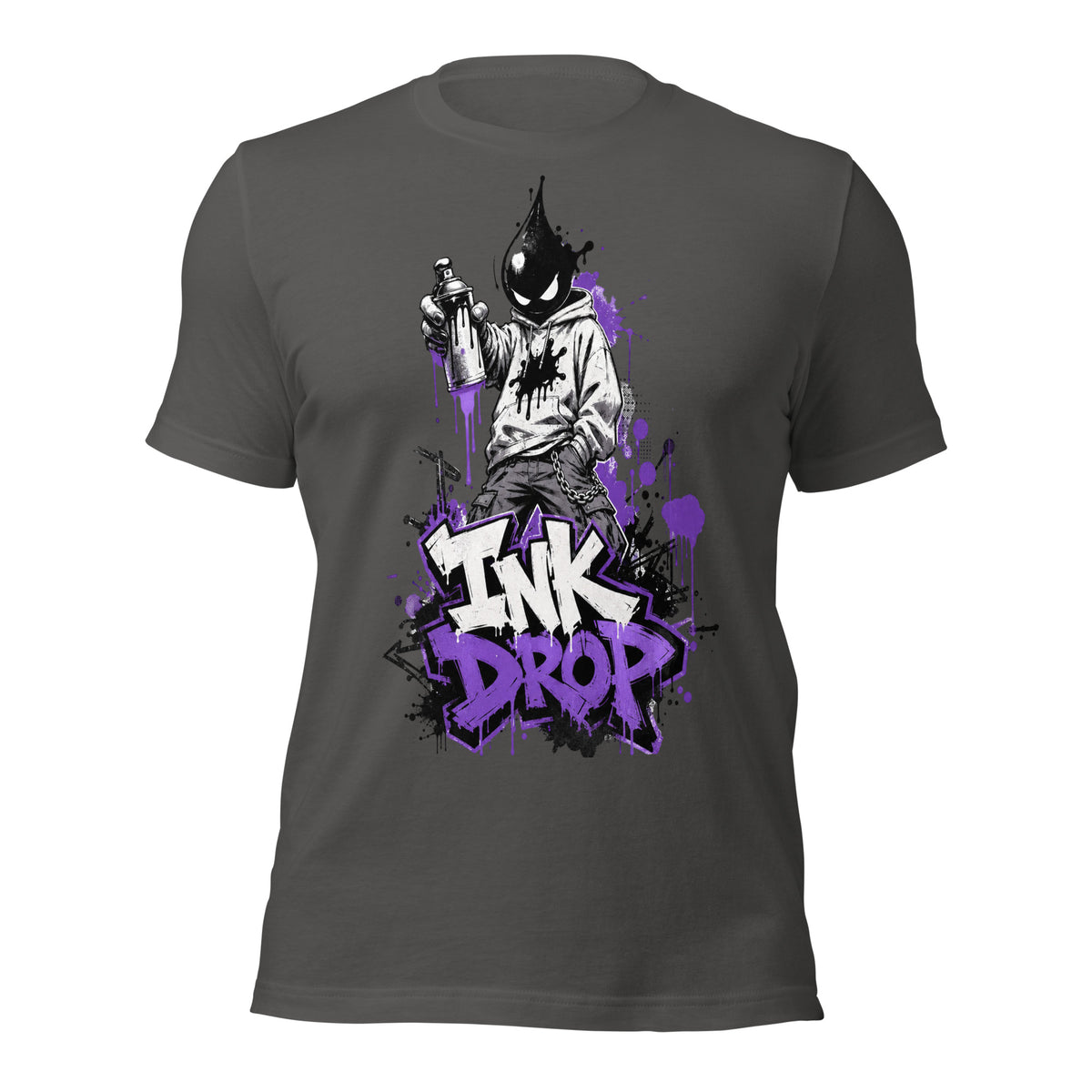 Women’s asphalt gray graphic tee with purple “INK DROP” front print