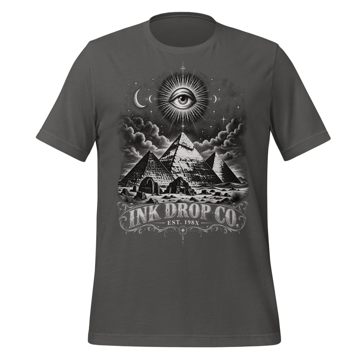 Unisex dark T-shirt with front graphic of eye, clouds, and pyramids