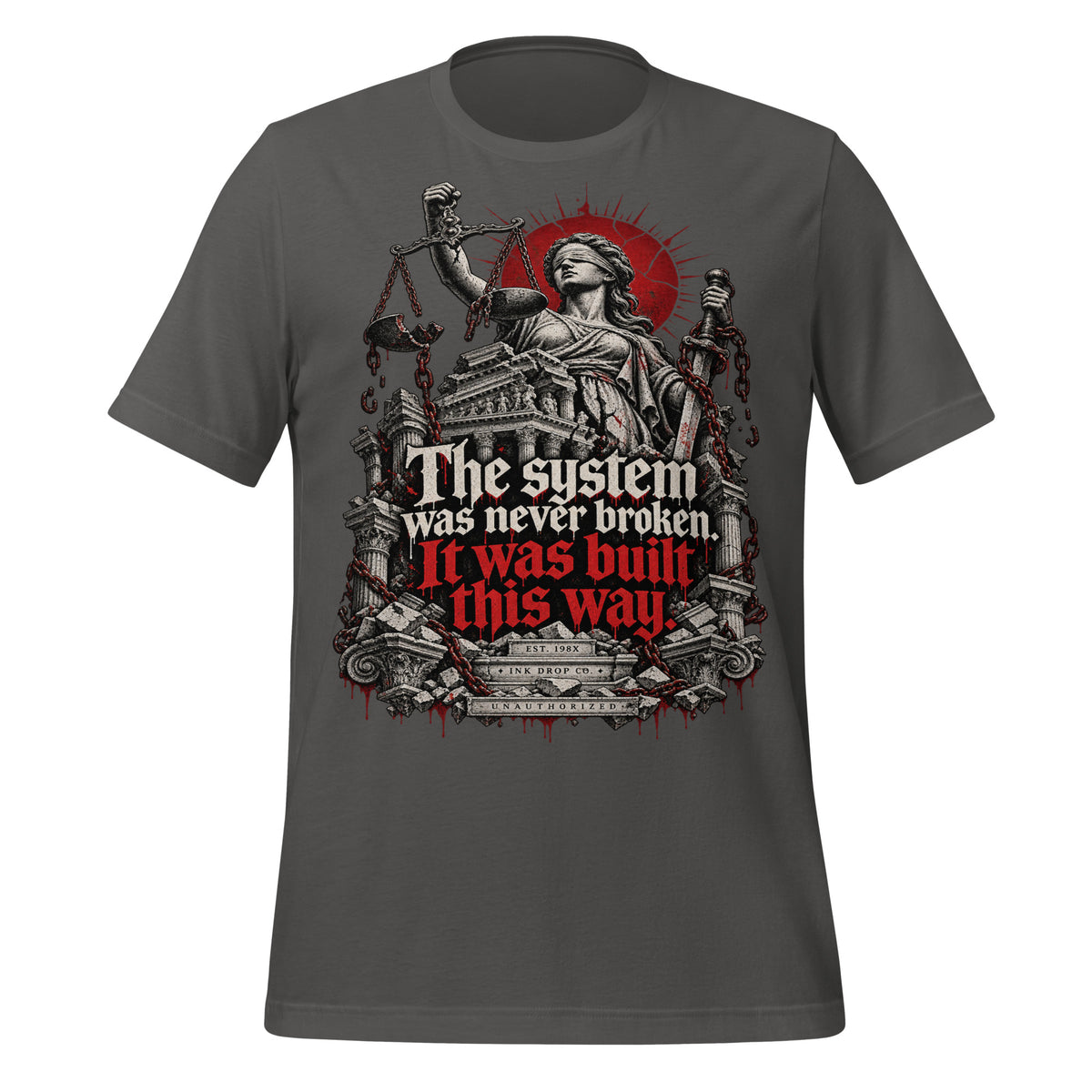 Asphalt gray graphic tee with Lady Justice scales and red quote print