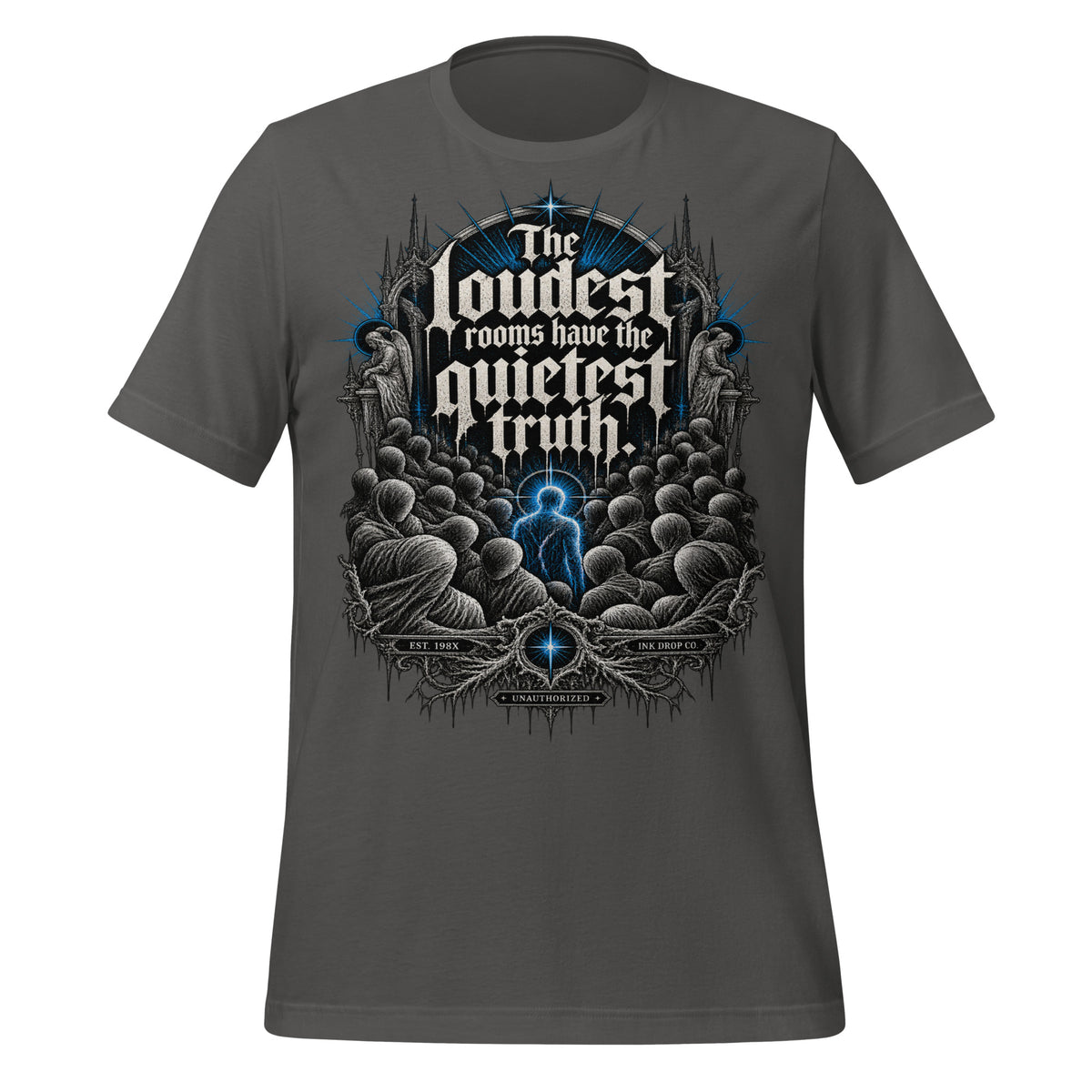 Men's gothic graphic tee, asphalt gray, front skull-tree print with blue text