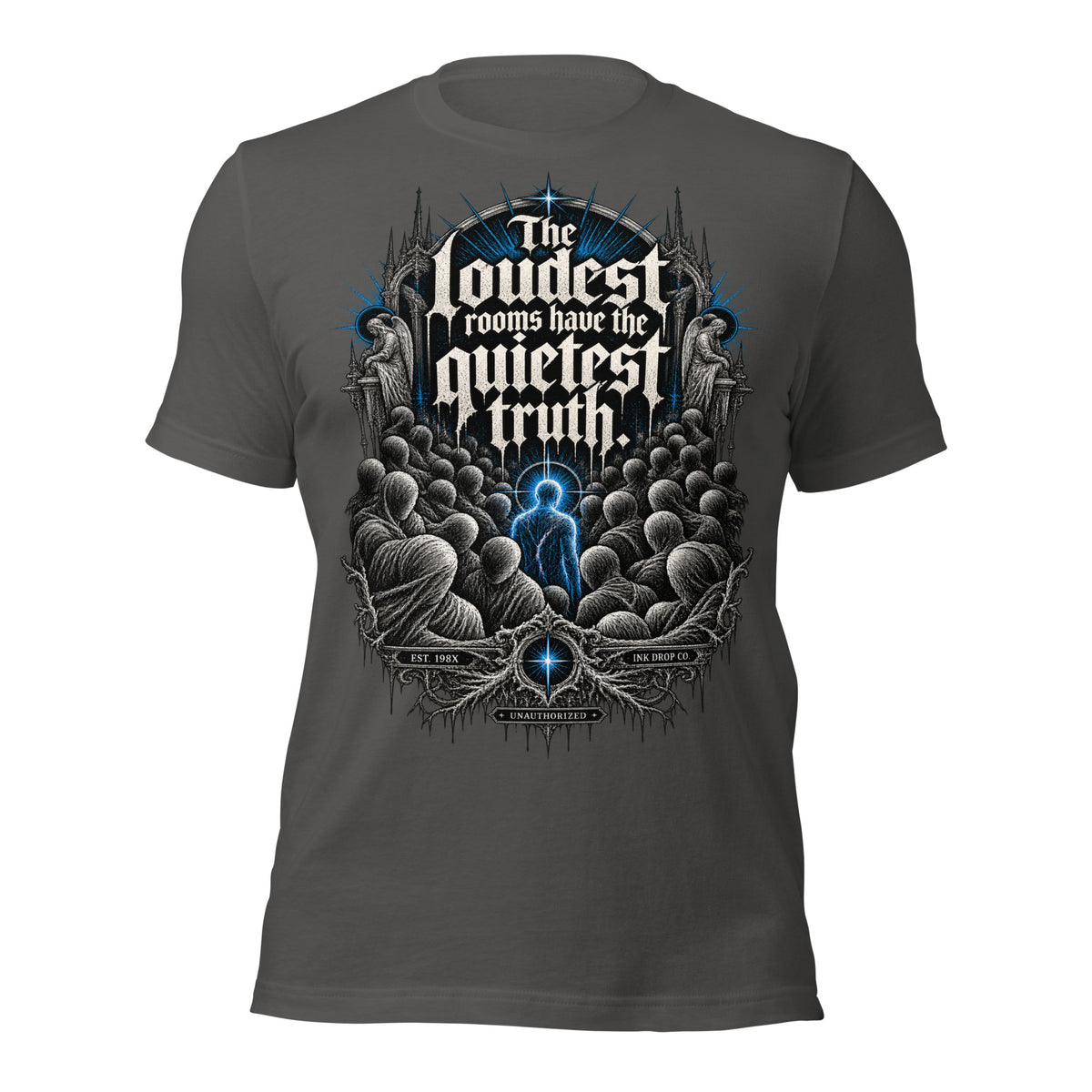 Women’s gothic graphic t-shirt, asphalt gray, front chest print with blue accents