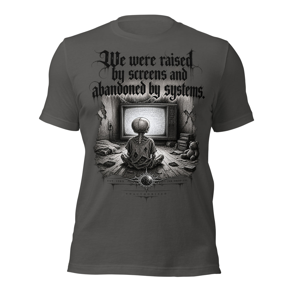Women’s graphic tee in dark gray/black with front surreal framed artwork print