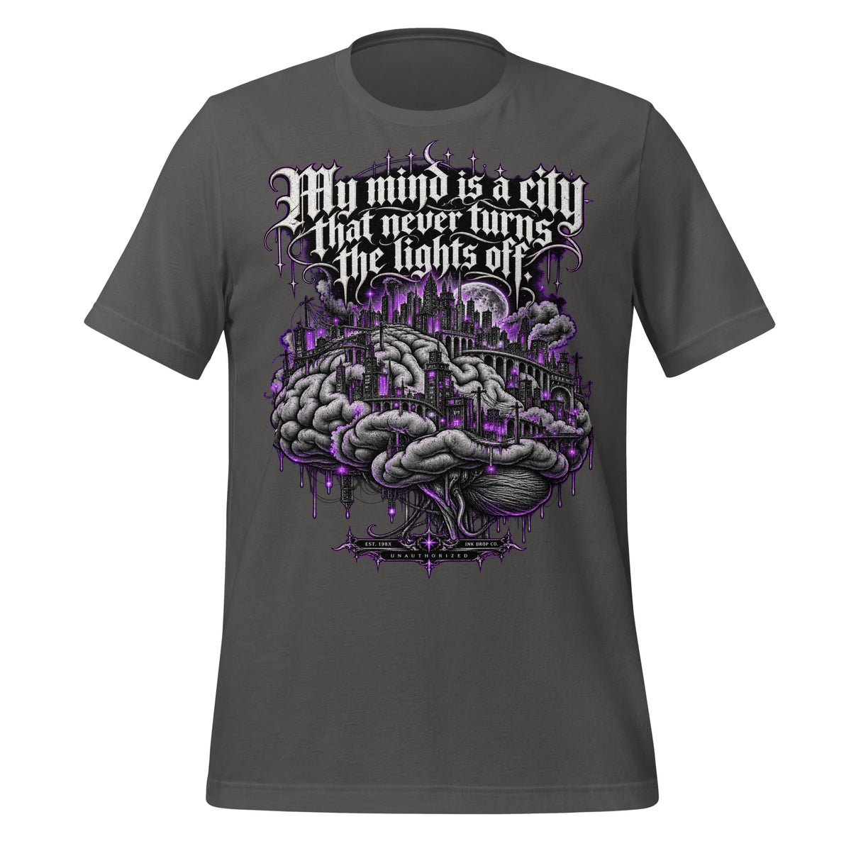Men's asphalt graphic T-shirt with purple brain and city slogan front print