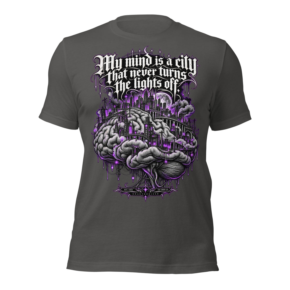 Women’s graphic tee in dark gray, with large purple city-and-brain print on the chest.