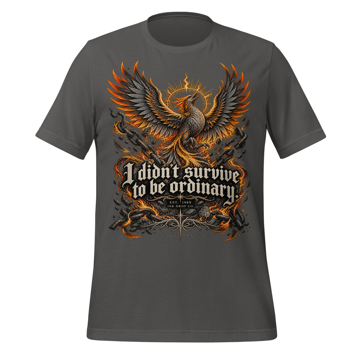 Men's gray graphic T-shirt with fiery eagle wings and front slogan print