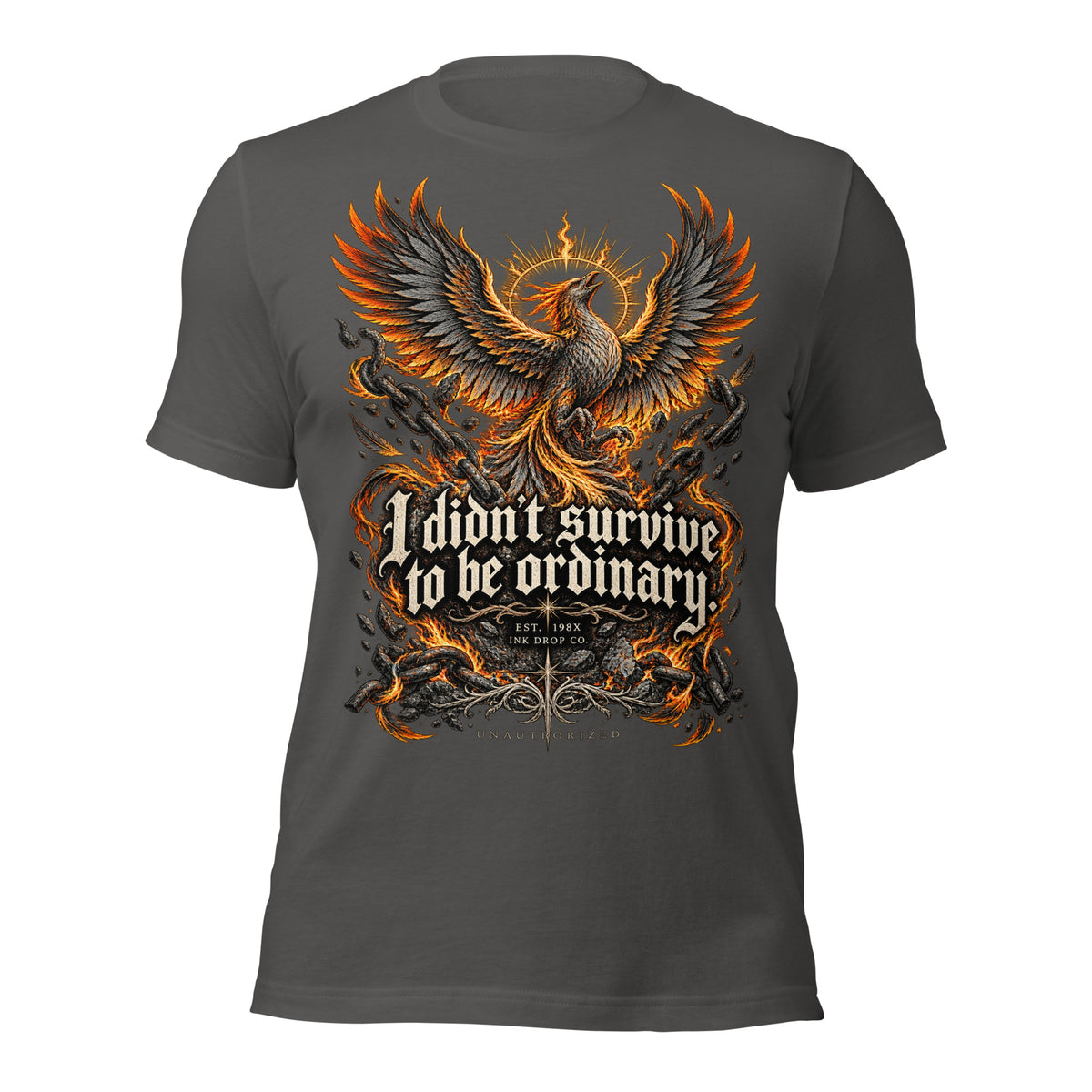 Women’s graphic tee, asphalt gray, front eagle graphic with “I didn’t survive…” slogan