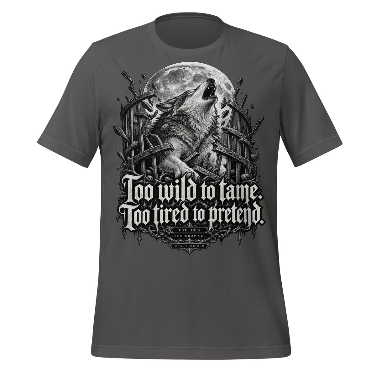 Men's asphalt graphic tee with wolf head and sword emblem front print