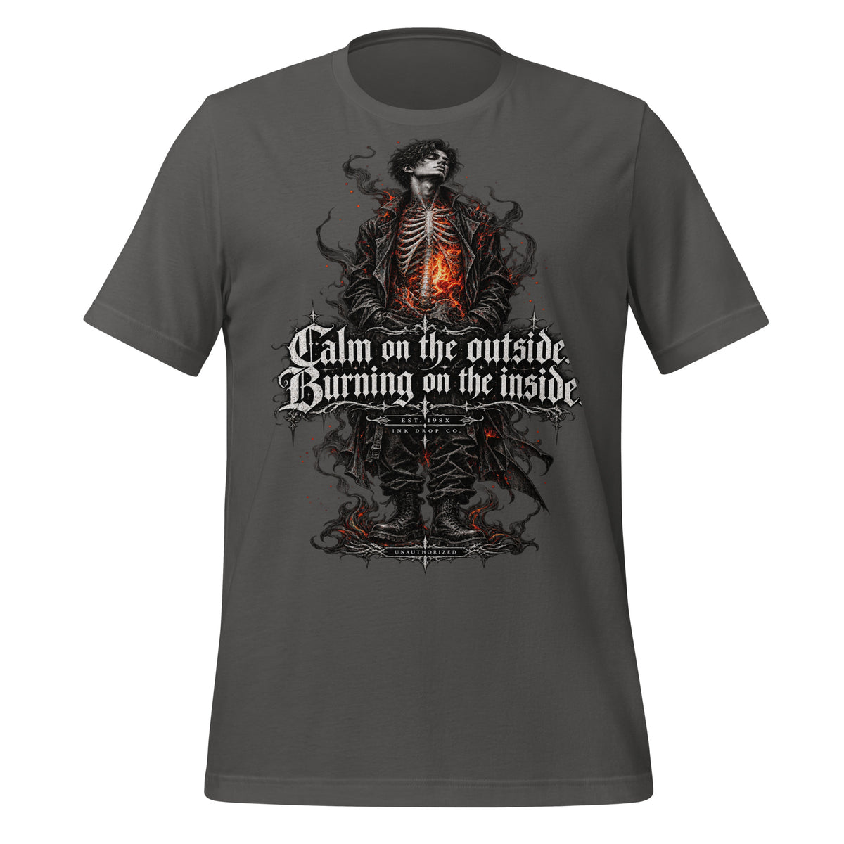 Men's asphalt gray graphic tee with fiery skeleton front print
