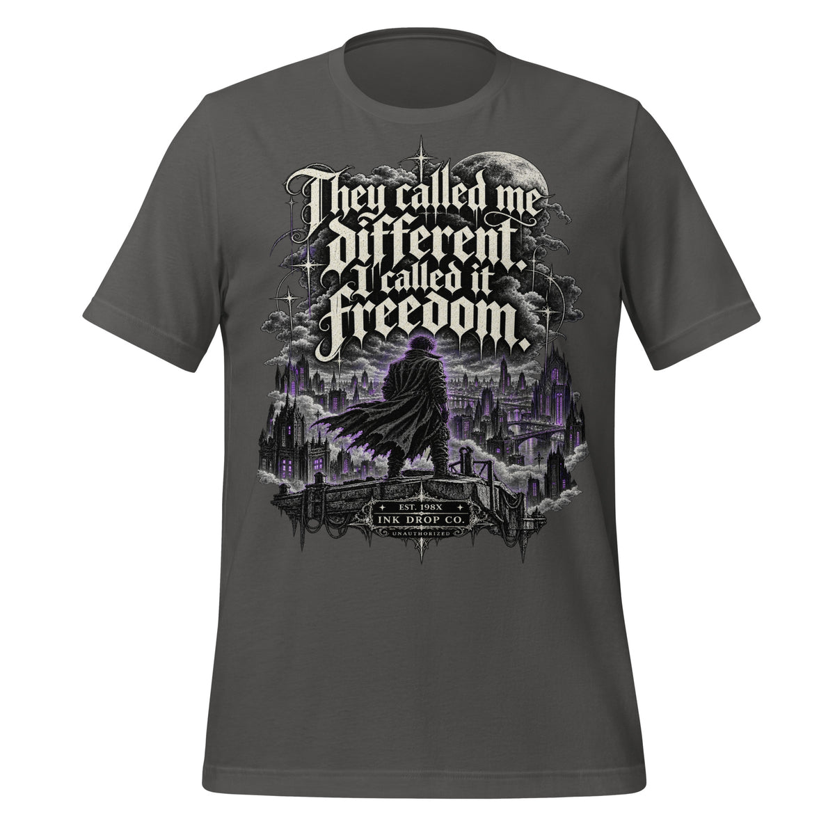 Men's gray graphic tee with large front text and city skyline illustration