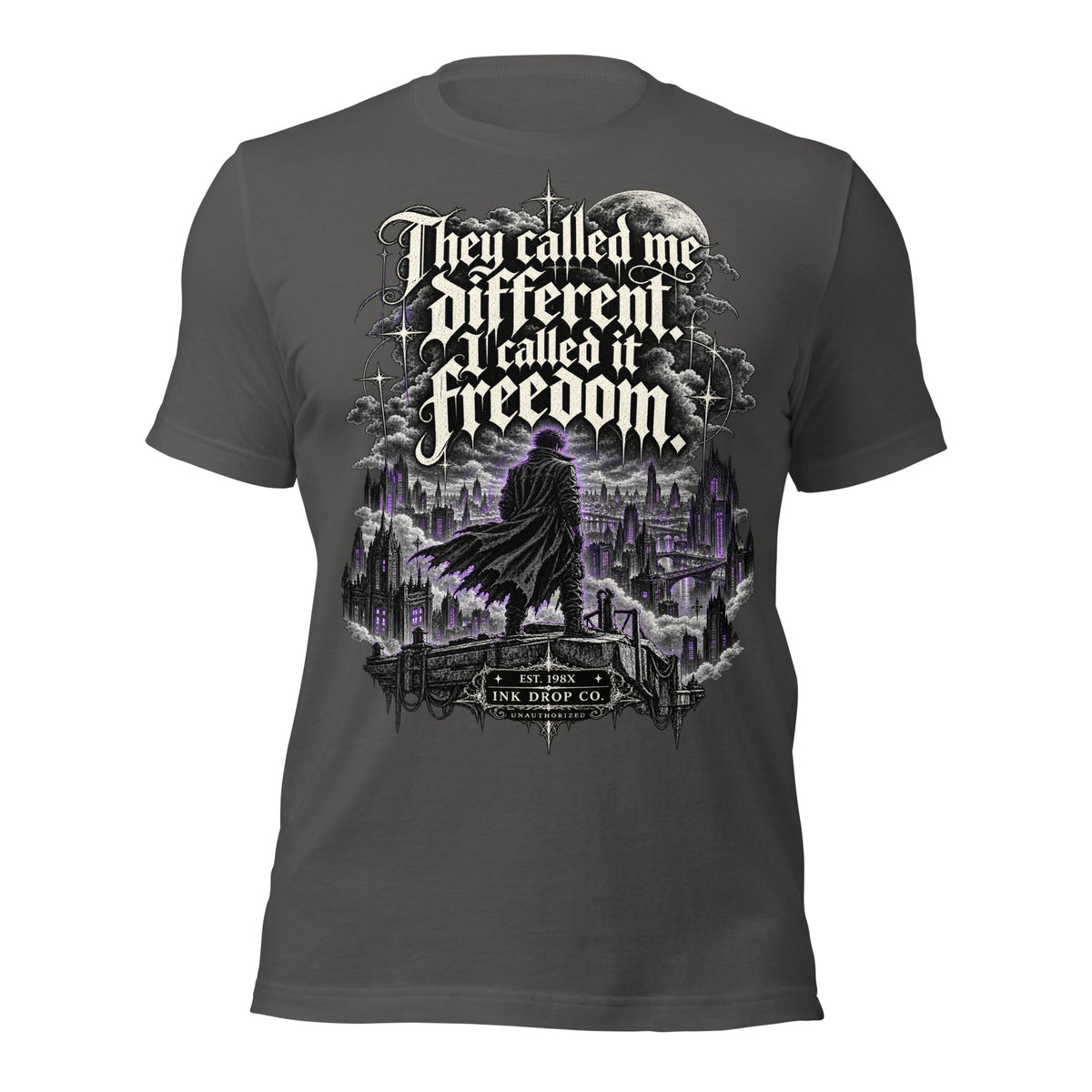 Women’s heather gray graphic tee with front typography and purple cityscape freedom print