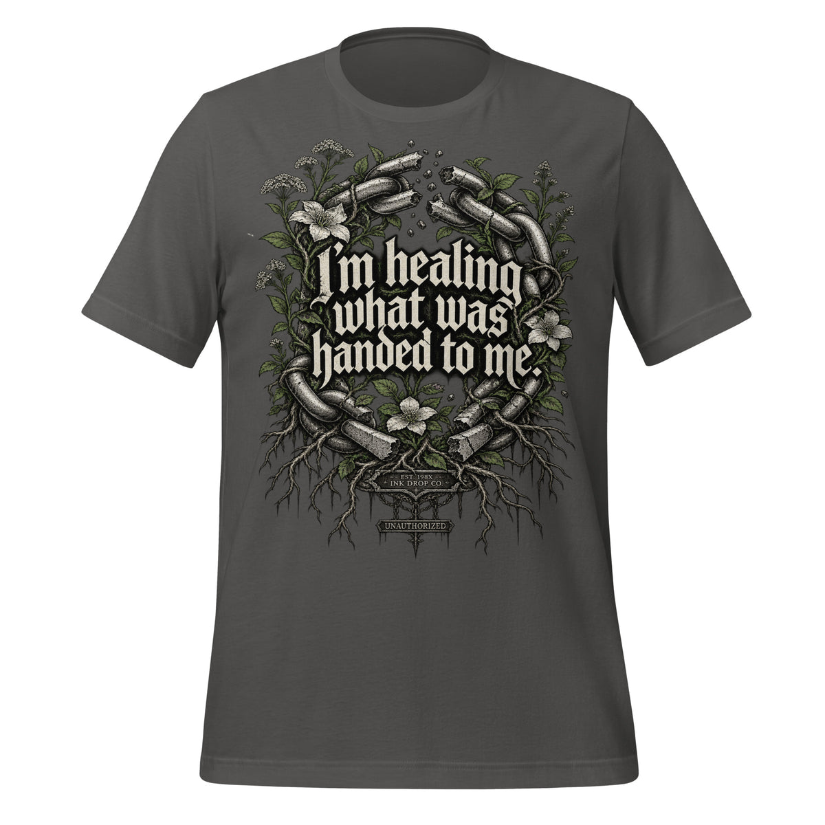 Men's dark gray graphic tee with ornate floral text print on front