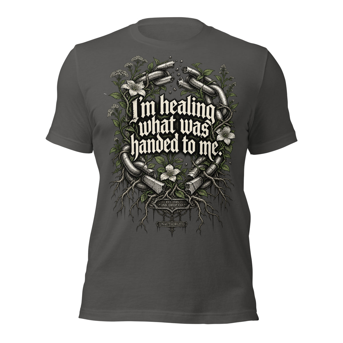 Women's asphalt graphic tee with front chain-and-flower quote print