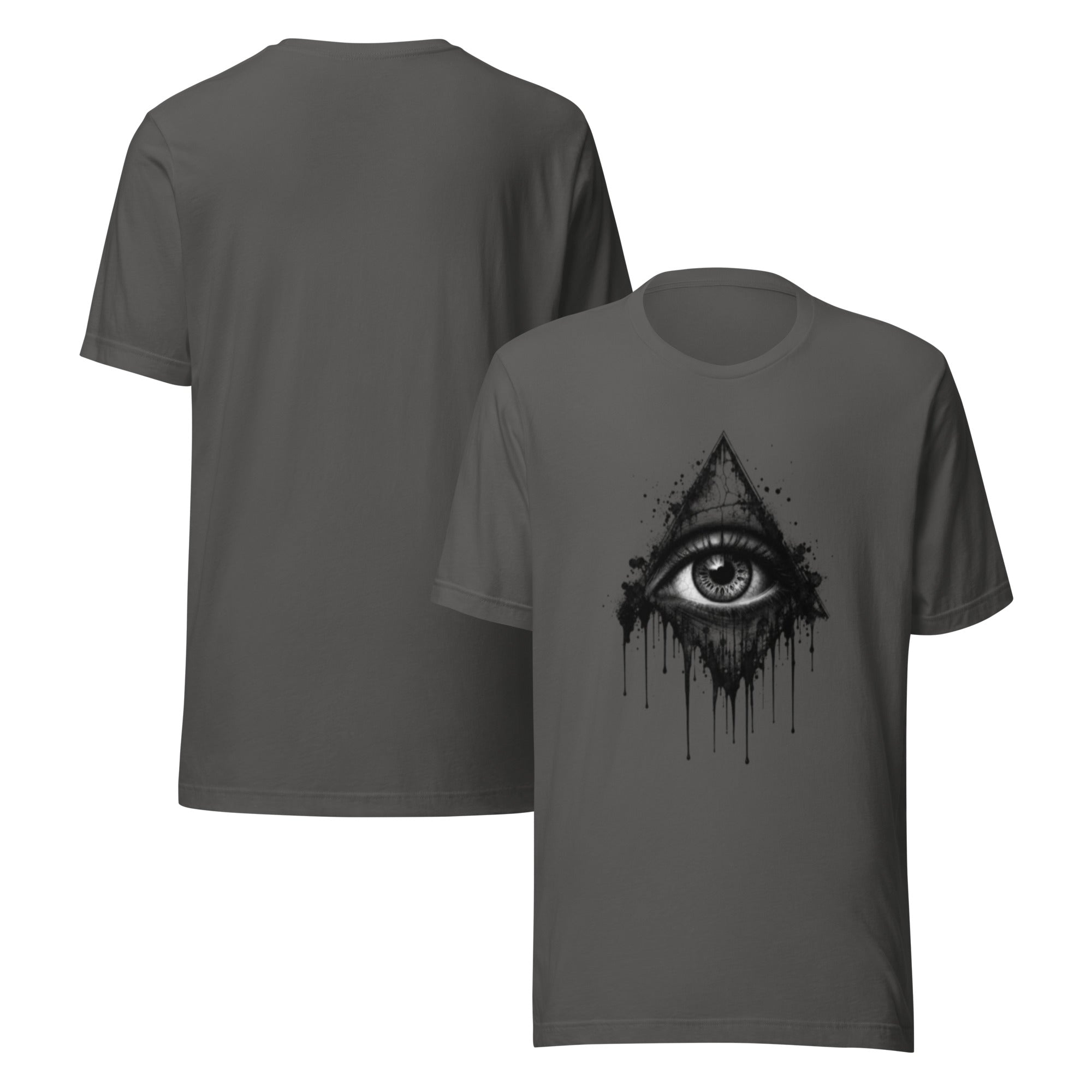Women's asphalt grey T-shirt set; one has black eye drip graphic on chest