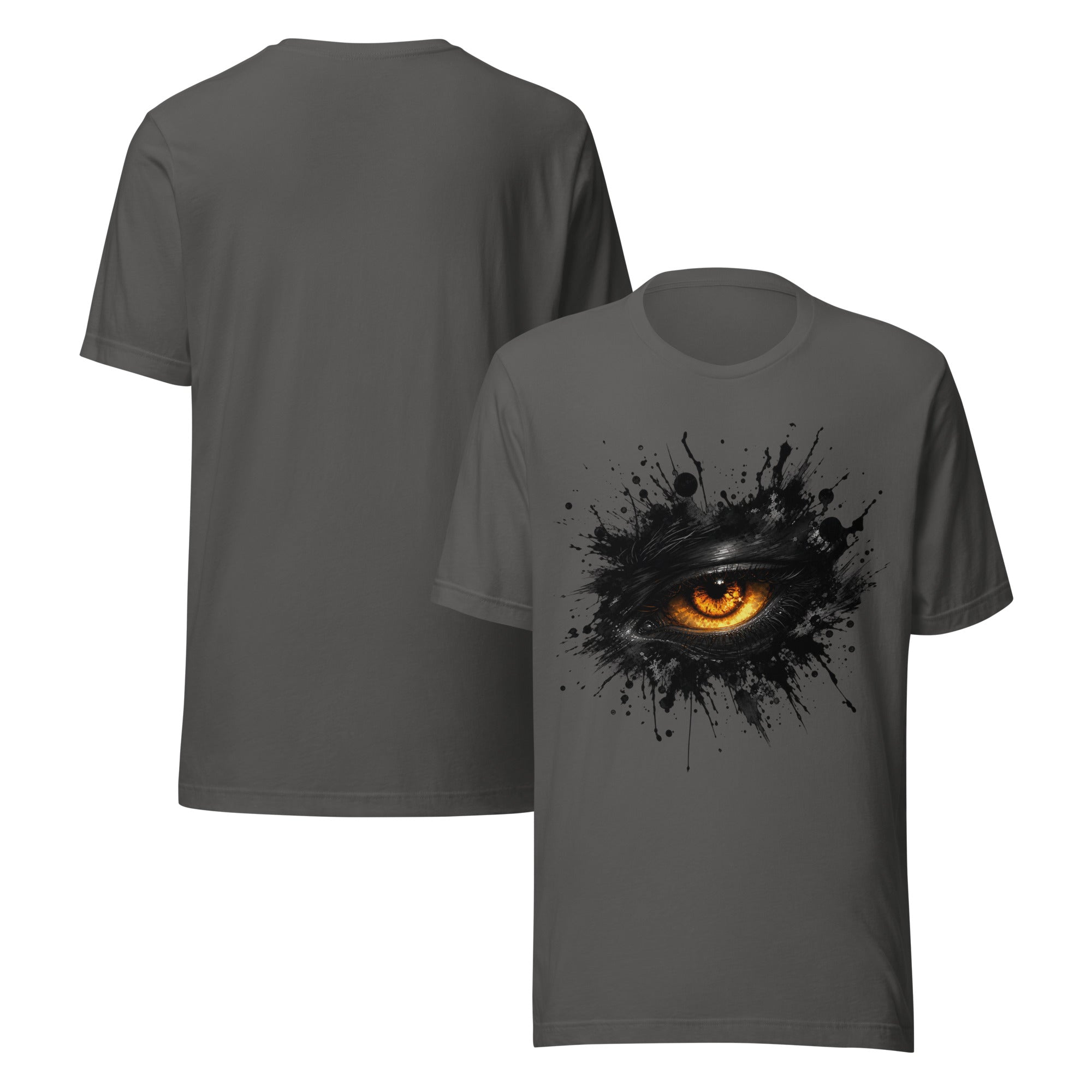 Asphalt grey men's T-shirts showing back view and front with glowing eye ink splash