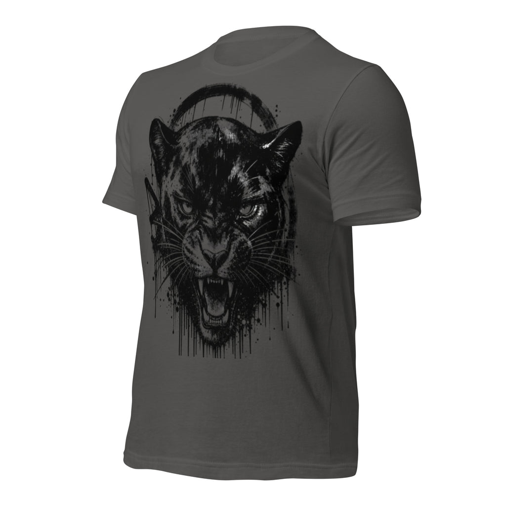 Women’s dark grey T-shirt back view with black panther graphic and ink splatter