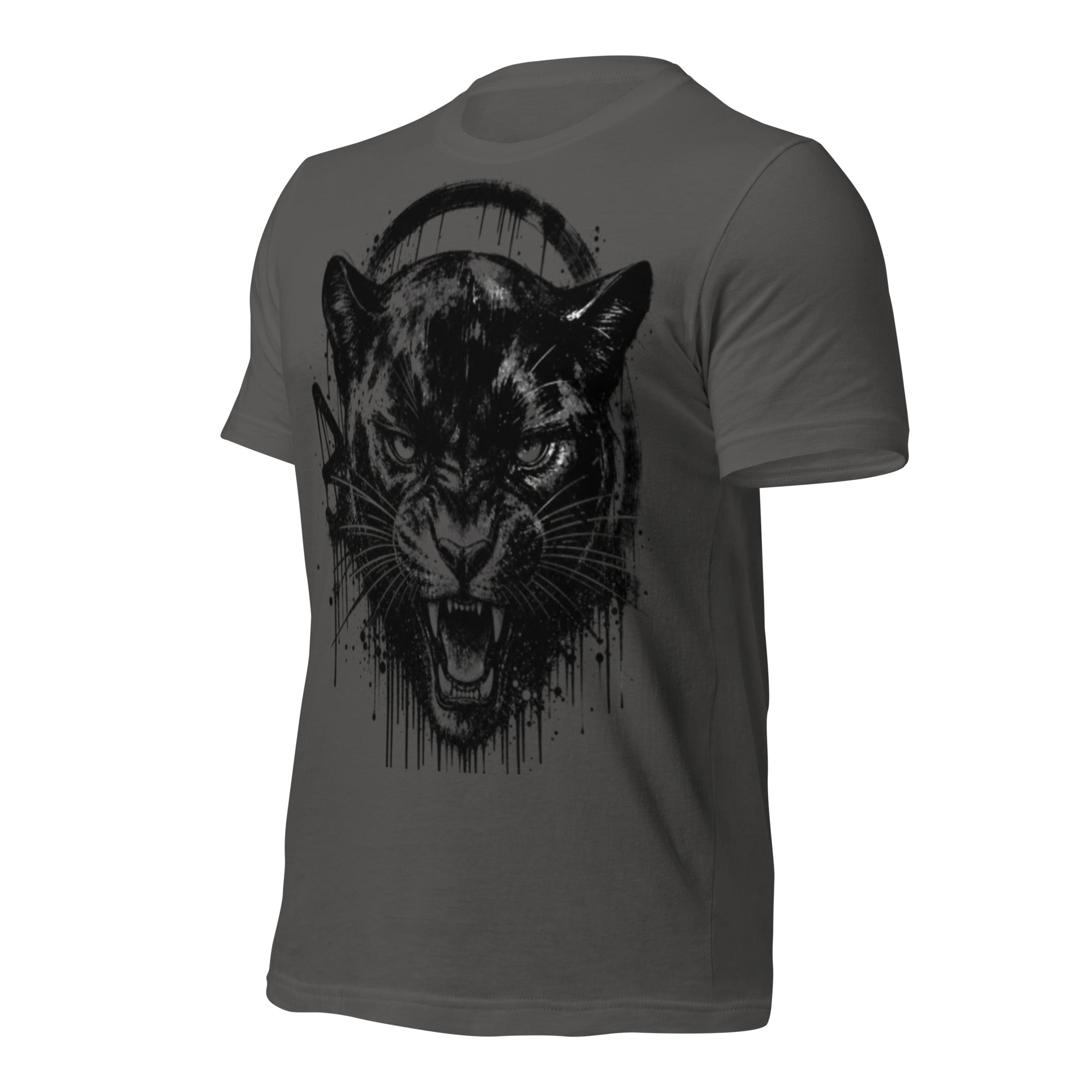 Women’s dark grey T-shirt back view with black panther graphic and ink splatter