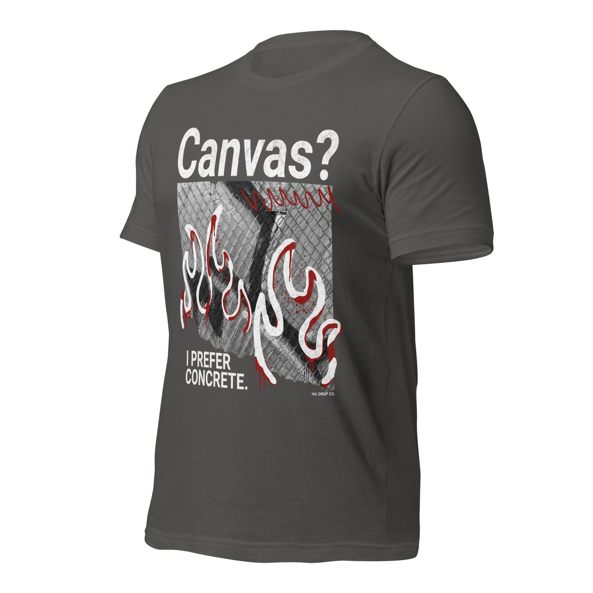 Women's graphic t-shirt, dark grey, front flame graphic with 'Canvas?' text