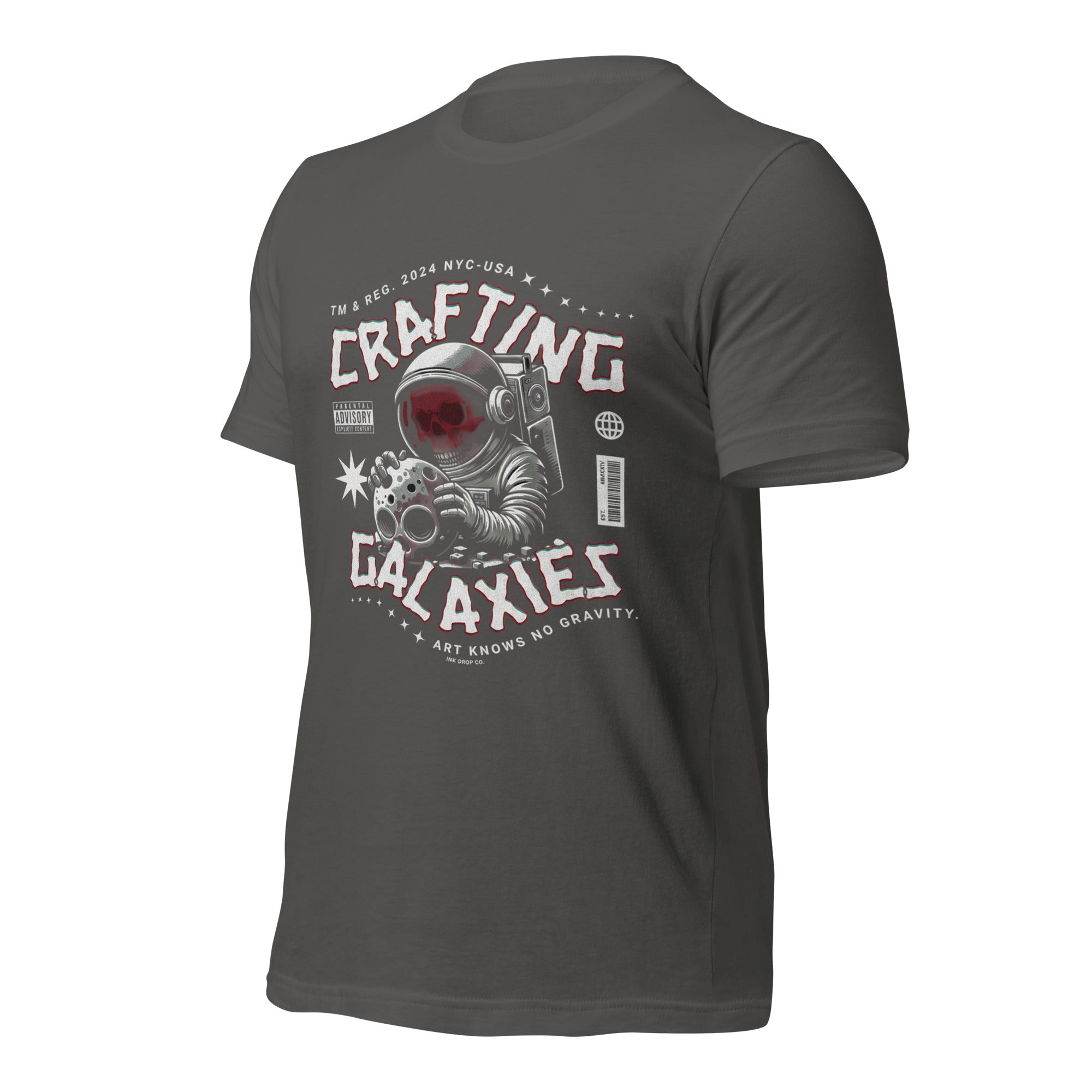 Women’s graphic T-shirt, dark grey back with rocket galaxy graphic