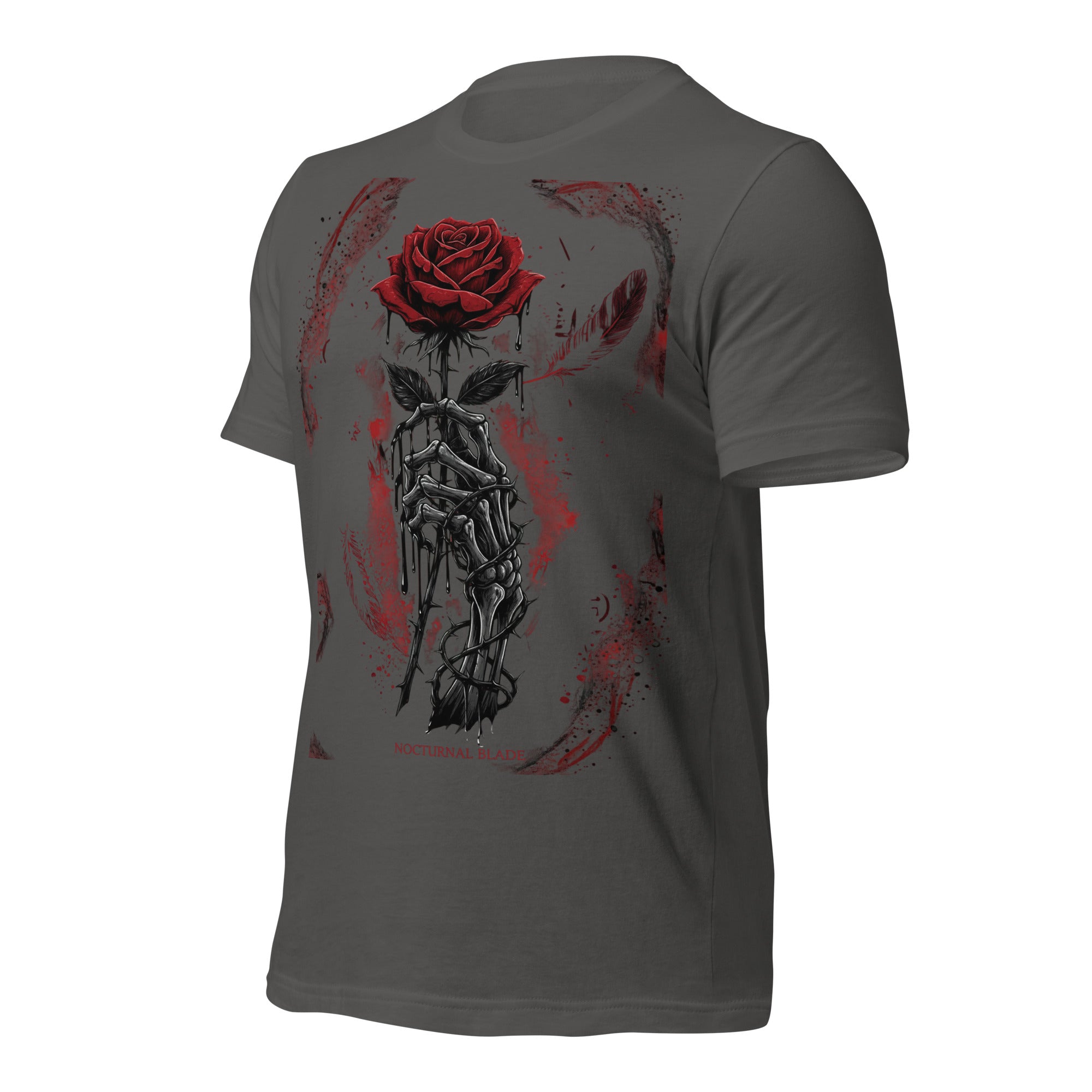 Women's dark gray graphic t-shirt with red rose and skeleton design, crew neck.