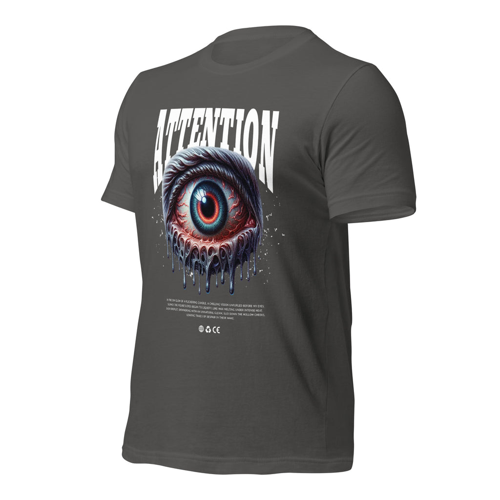Unisex graphic T-shirt, dark gray, back view with ATTENTION eye graphic
