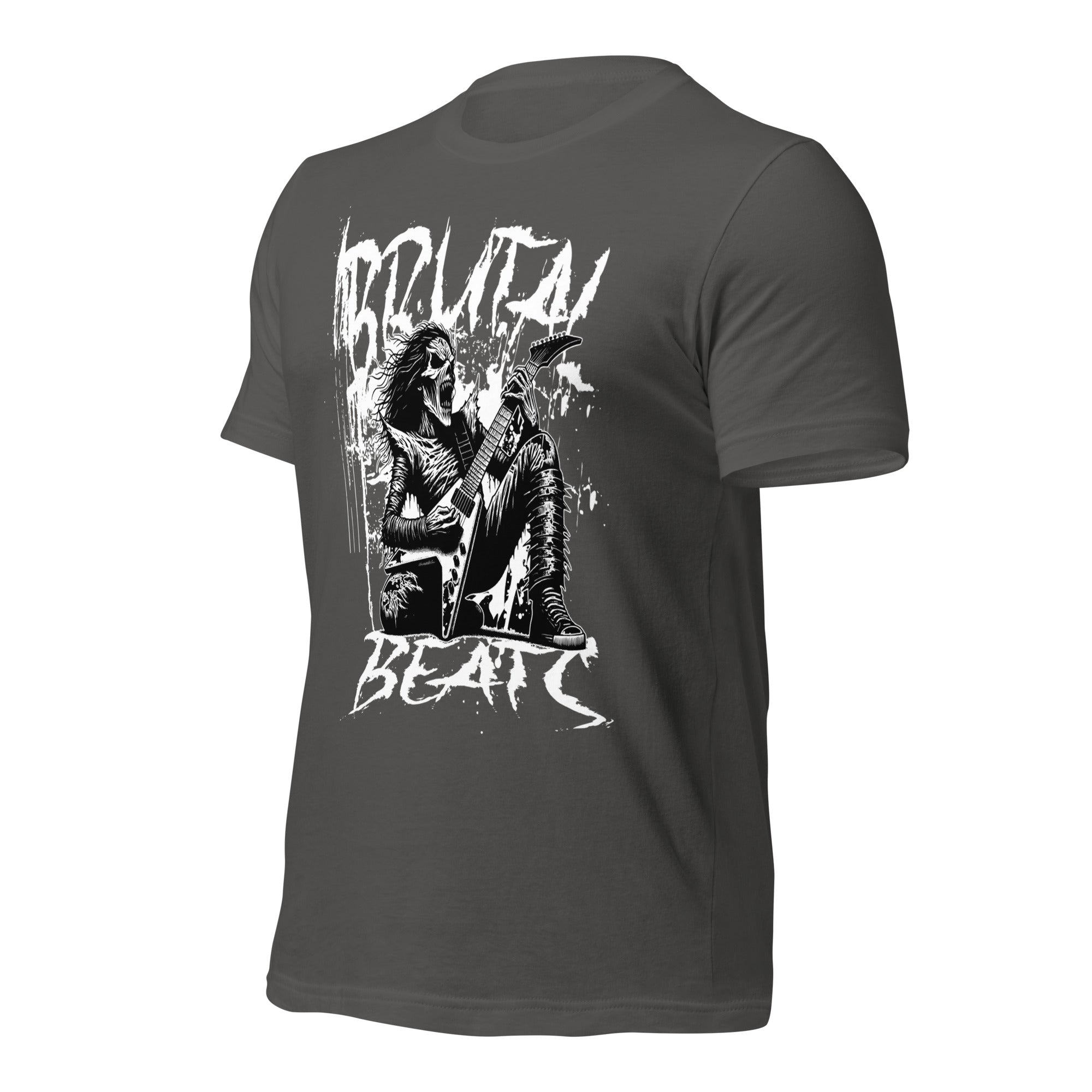 Unisex graphic T-shirt in charcoal with white front guitar artwork, angled view