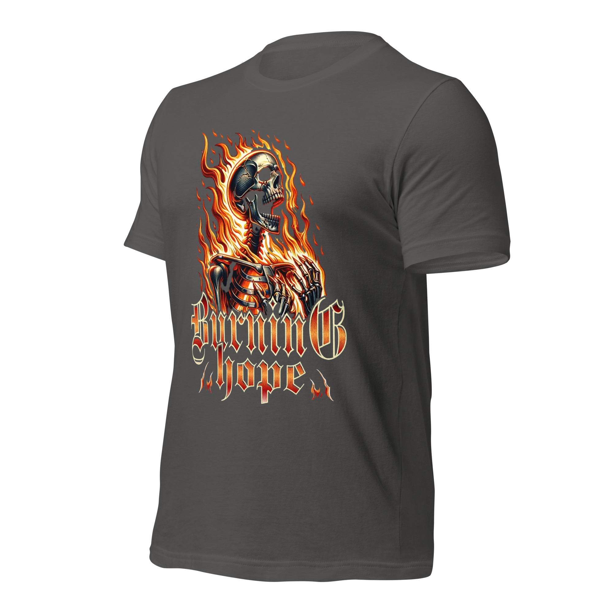 Unisex graphic T-shirt, asphalt gray, back view with flaming skull artwork