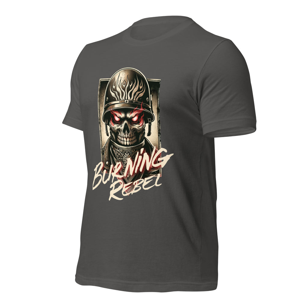 Asphalt unisex graphic T-shirt with skull helmet and 'Burning Rebel' back print