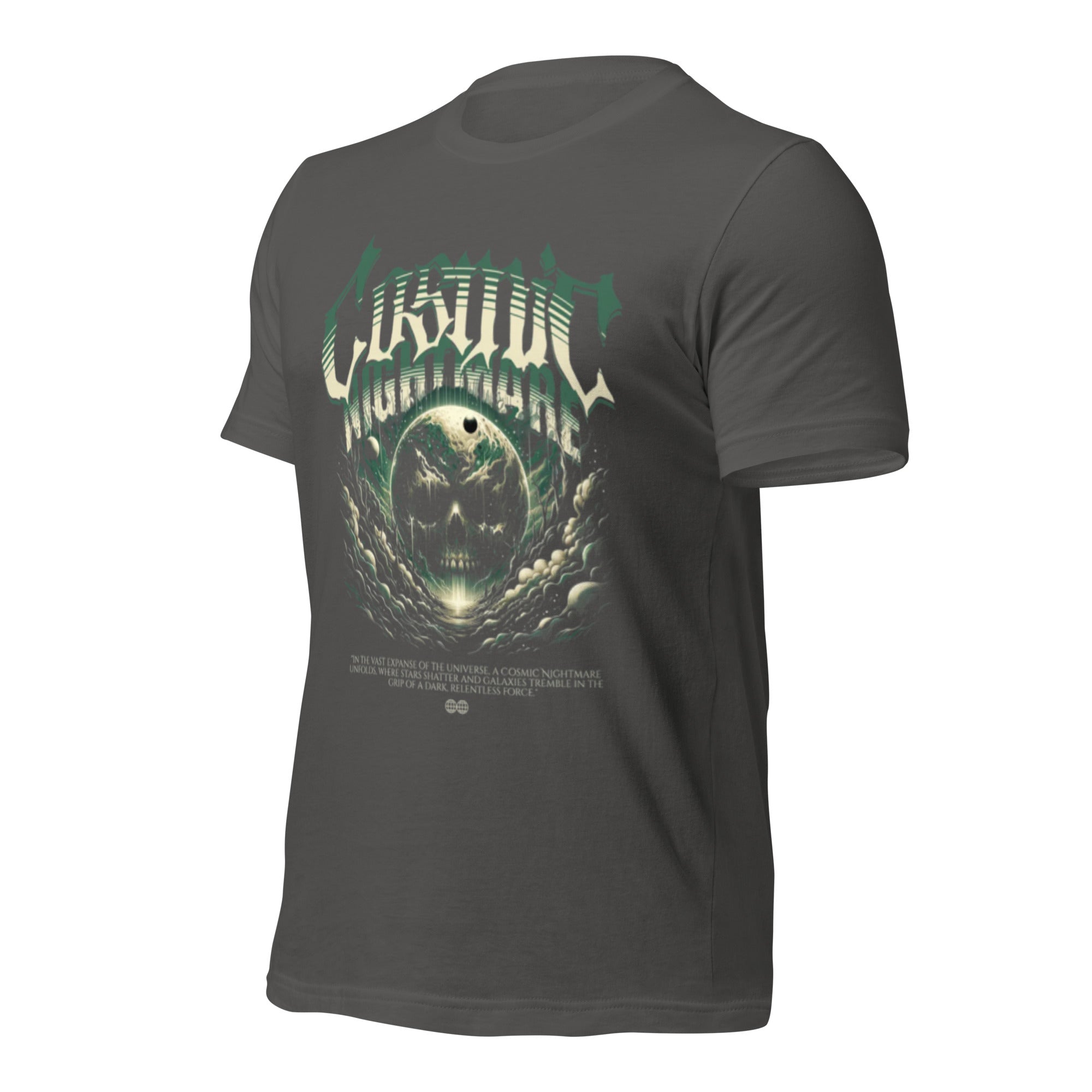 Unisex dark grey graphic T-shirt with teal-and-white alien skull face front print