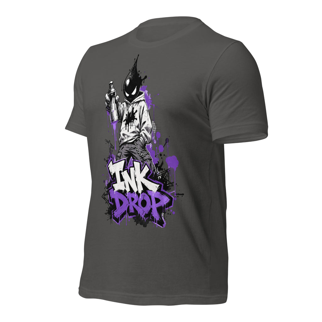 Women’s asphalt gray tee with “INK DROP” graphic on the back