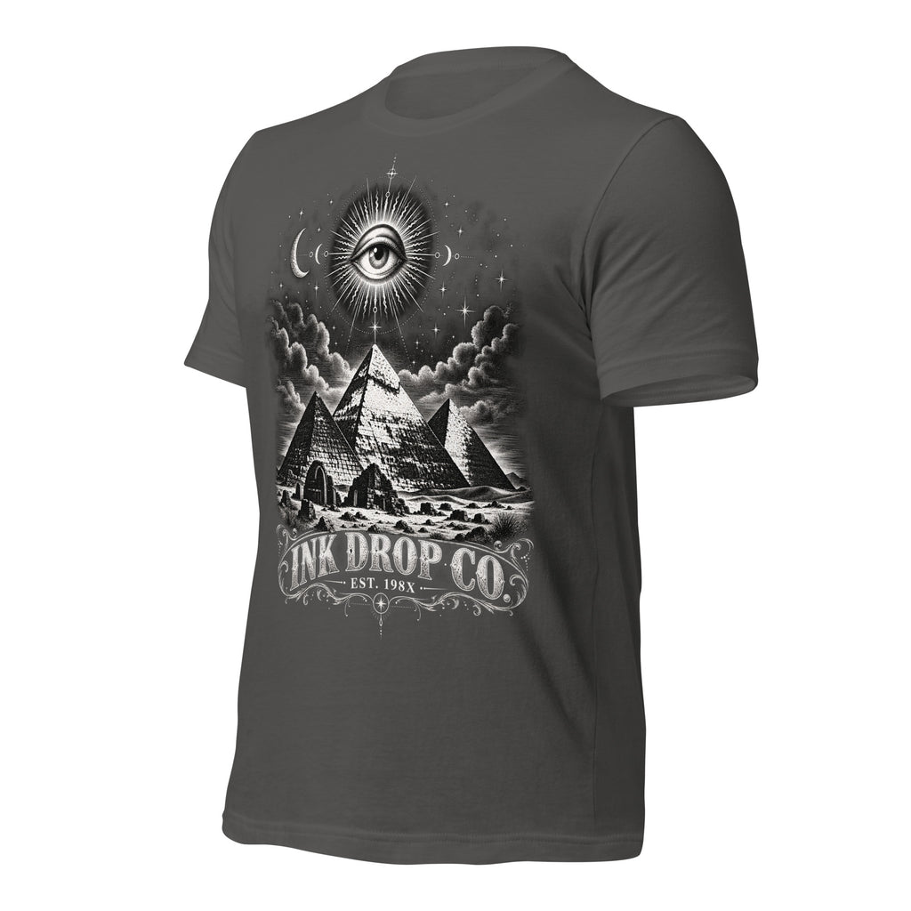 Black unisex T-shirt with eye-and-pyramid graphic on back